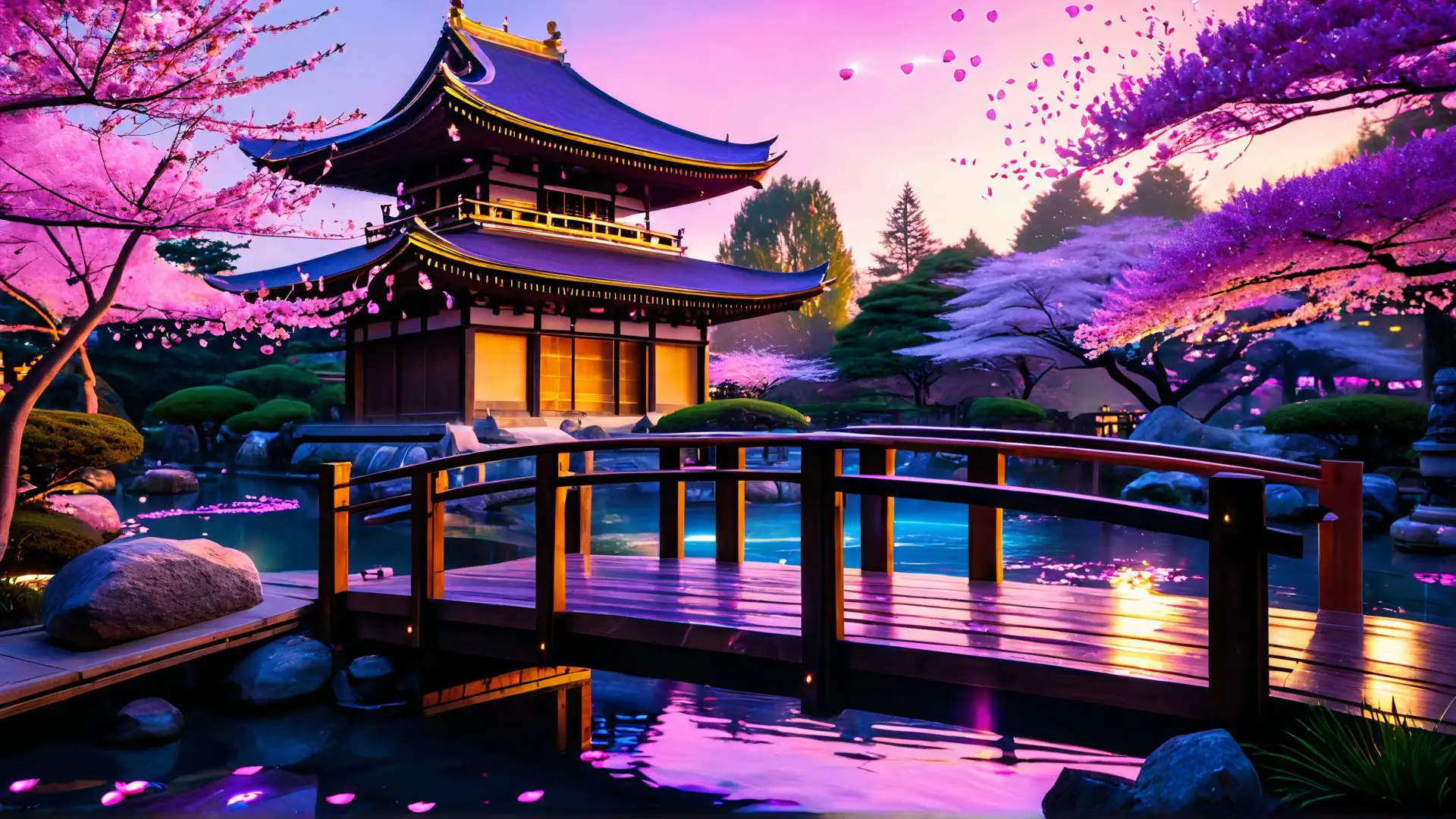 Japanse tempel bij zonsondergang met bloeiende kersenbloesems