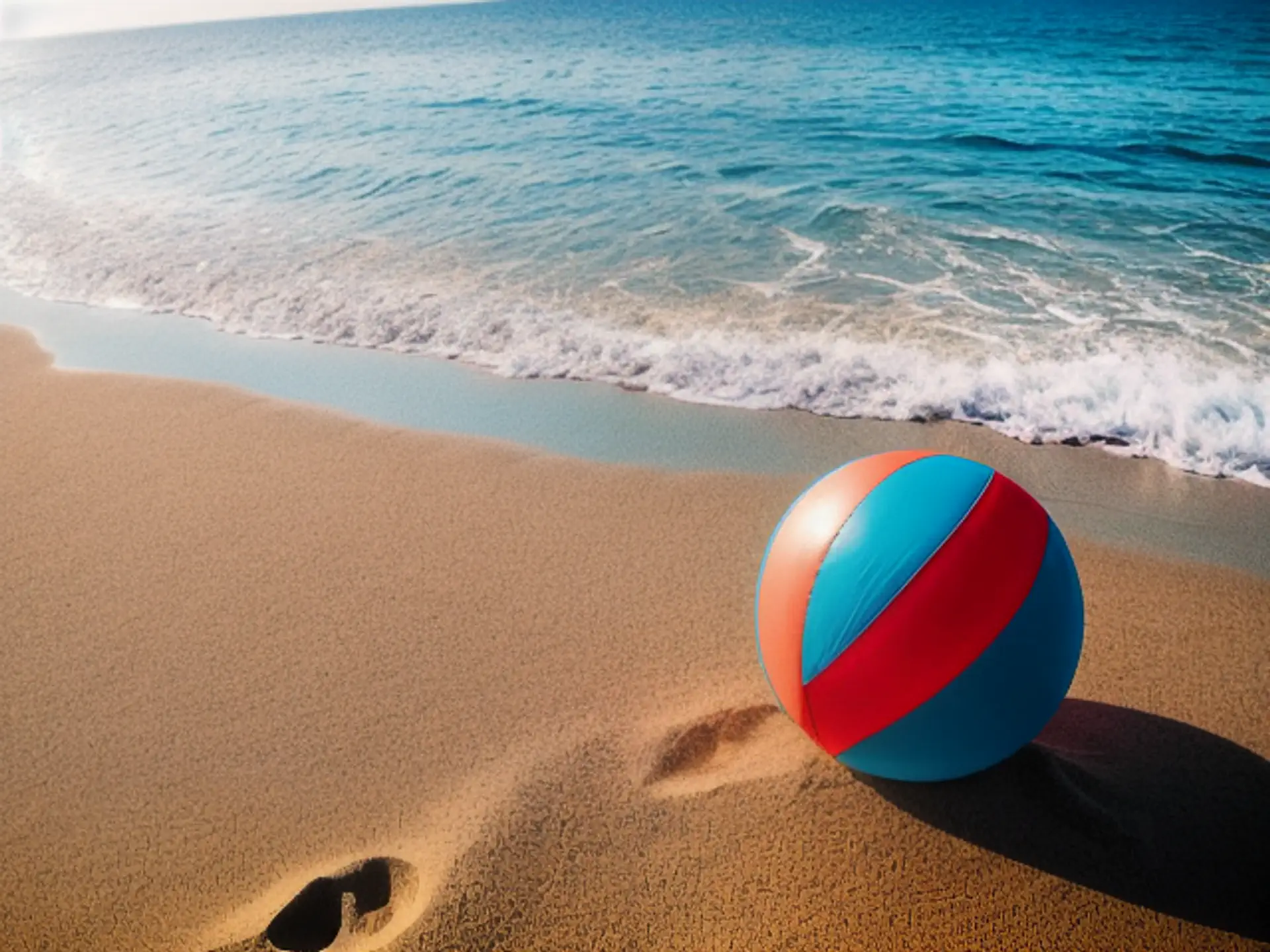 Kleurrijke strandbal op zonnig strand met azuurblauwe zee en golven