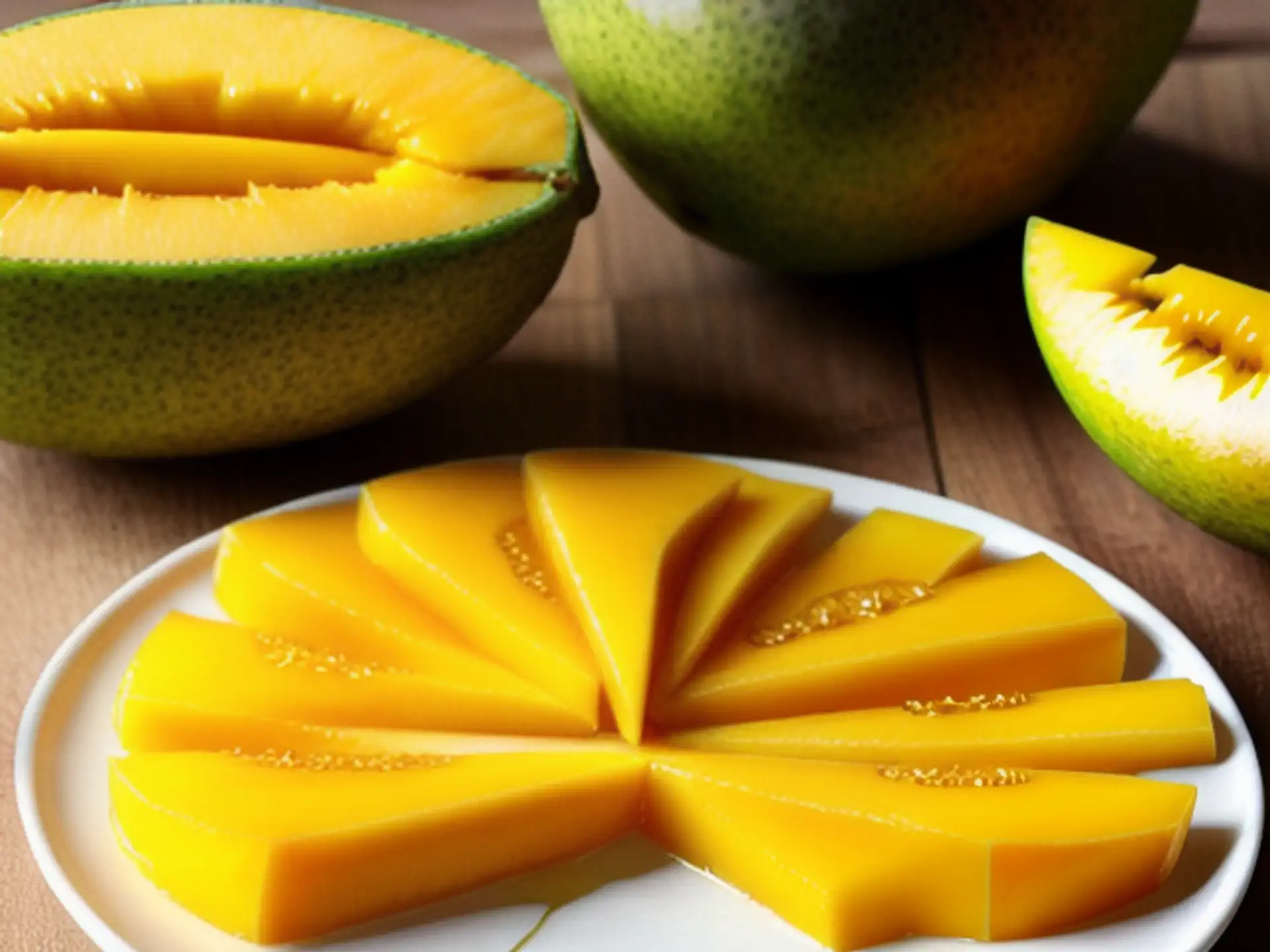 Sappige galia meloen in partjes gesneden op wit bord - vers fruit