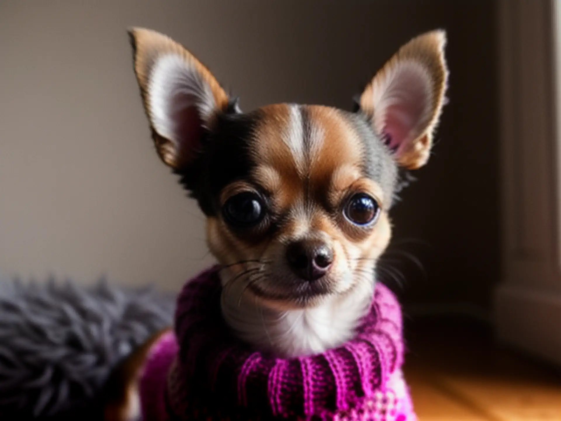 Schattige Chihuahua in roze gebreide trui - Portretfoto huisdier