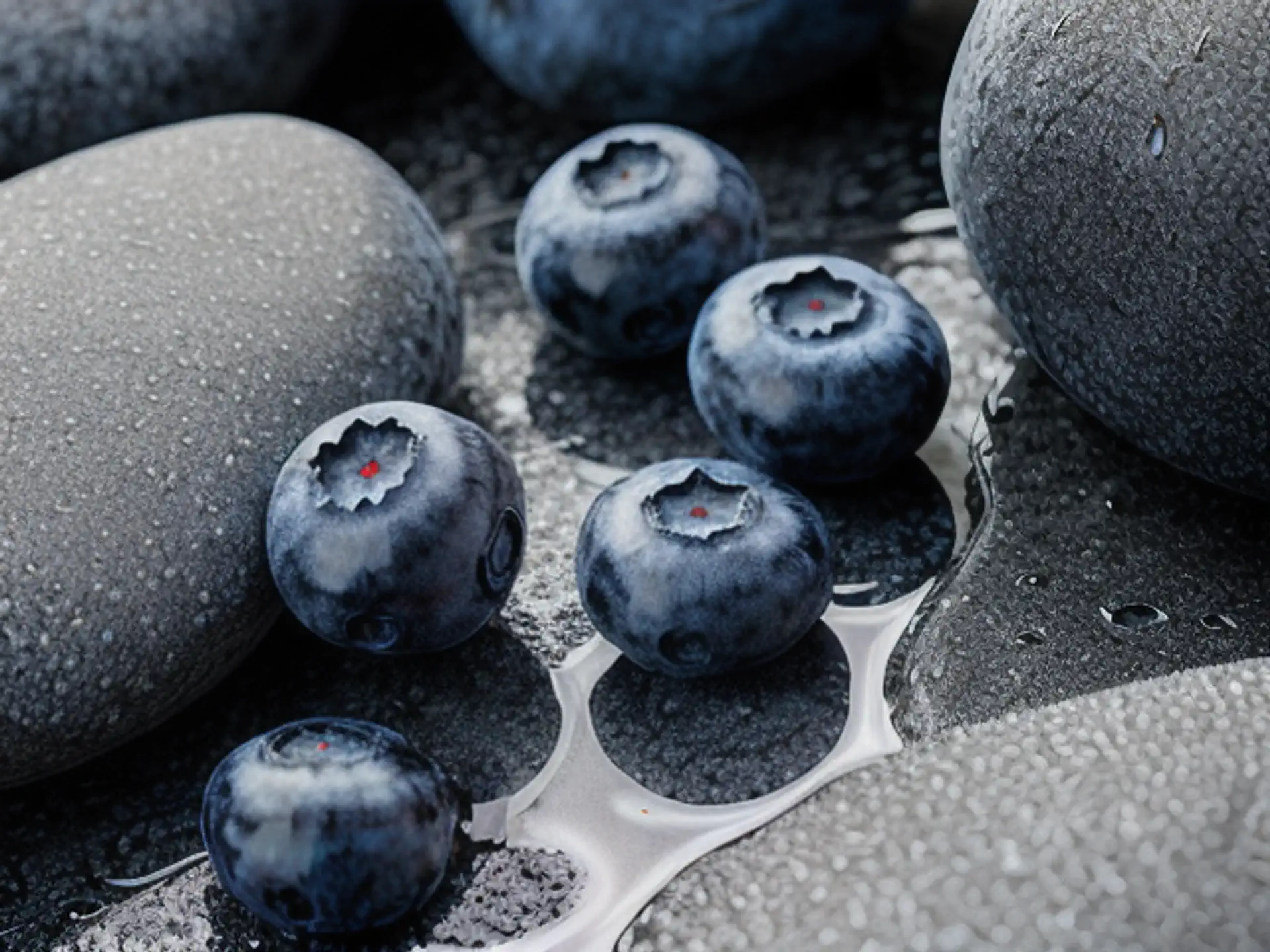 Verse blauwe bosbessen met dauwdruppels op natuurlijke grijze stenen
