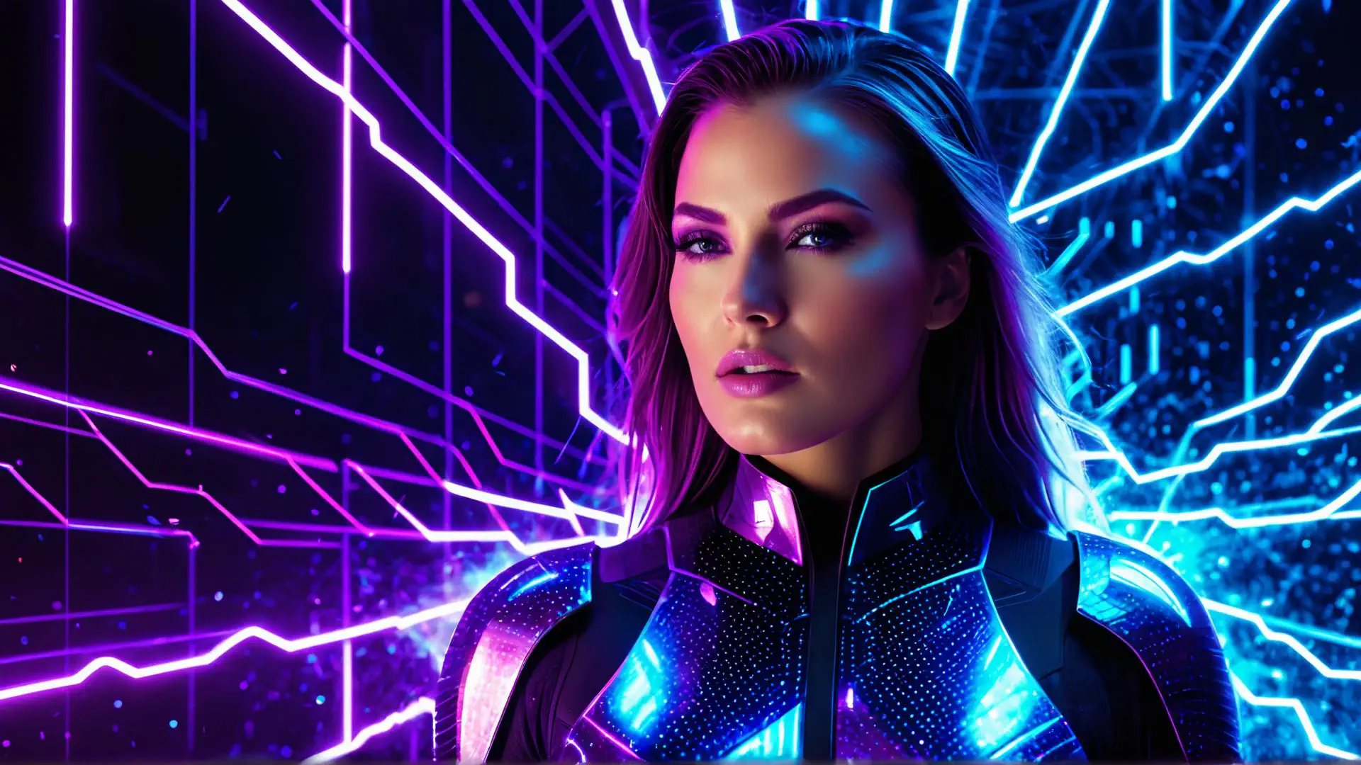 Futuristische portretfoto met neon paars en blauw lichteffect