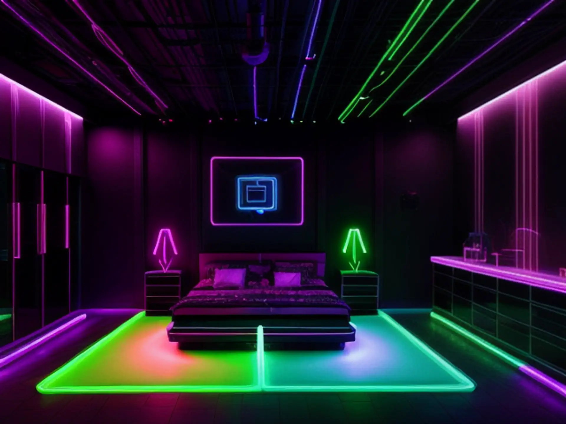 Futuristische slaapkamer met neonverlichting en cyberpunk design