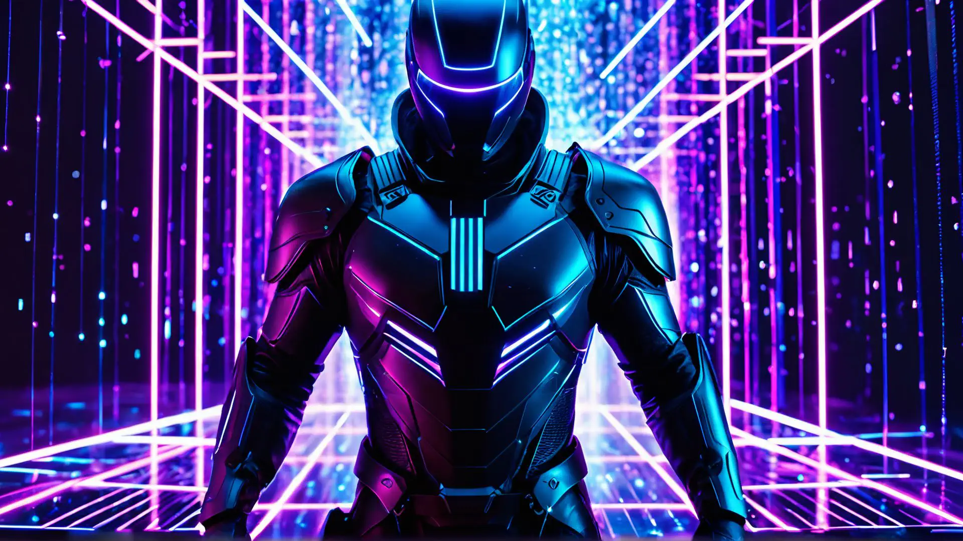 Futuristische cyborg in neonverlichte cyberpunk omgeving met lasers