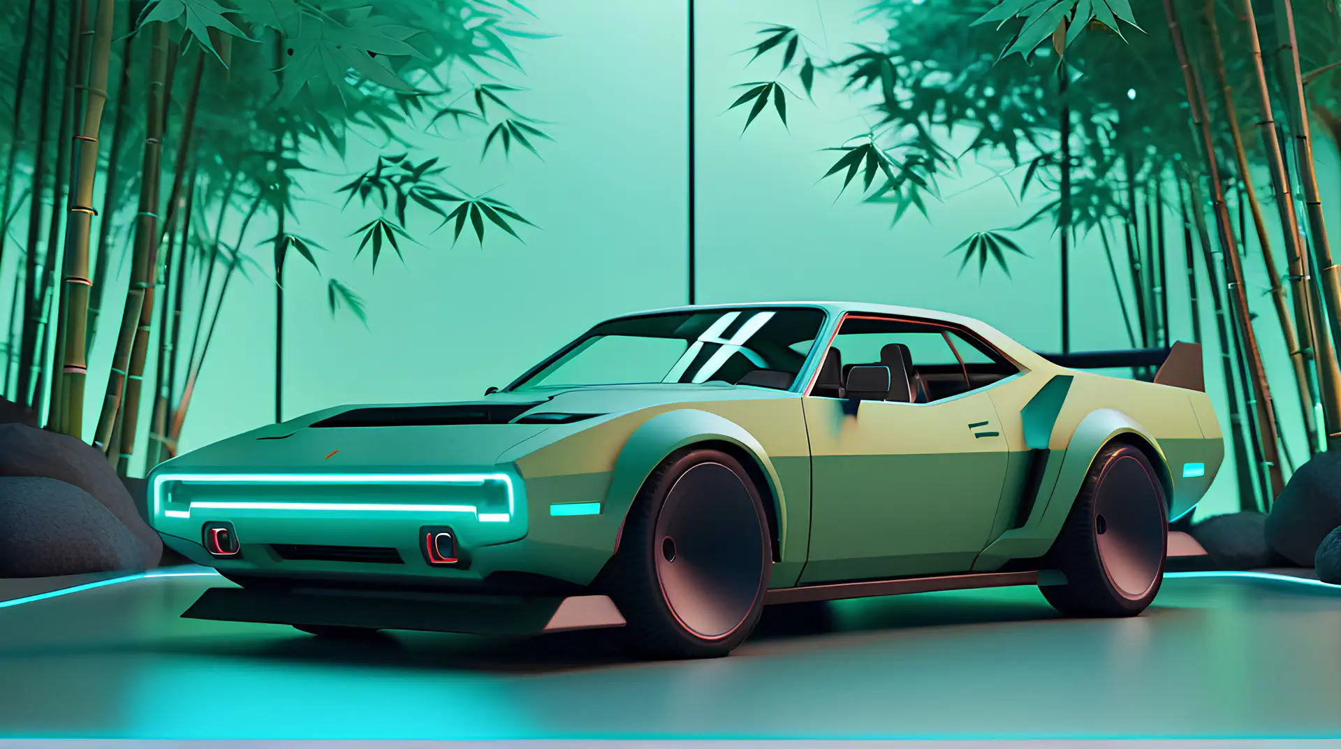Mintgroene Retro Sportwagen in Bamboe Zen Tuin 4K Wallpaper