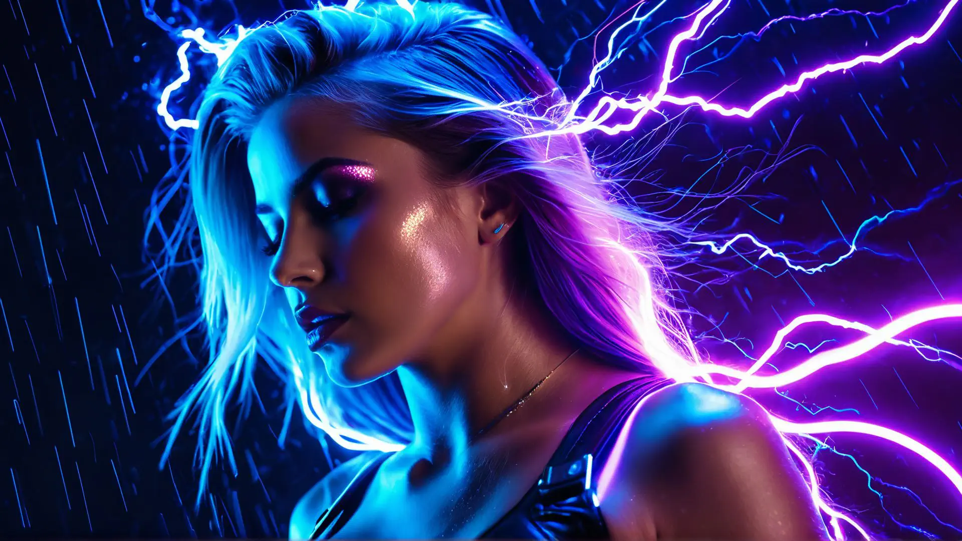 Neon portret met bliksem effecten in blauw en paars tinten
