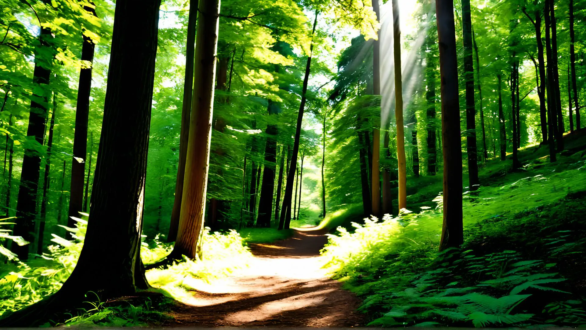 Magisch bospad met zonnestralen door groene bomen in de ochtend