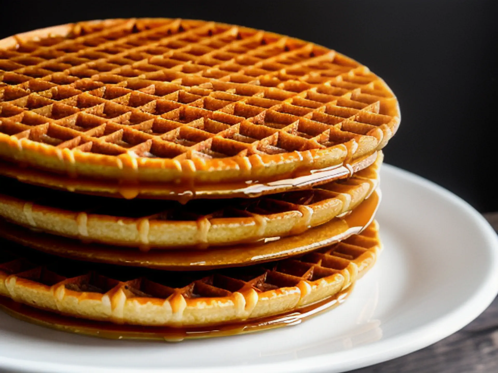 Gestapelde stroopwafels met goudbruine karamel op wit bord close-up