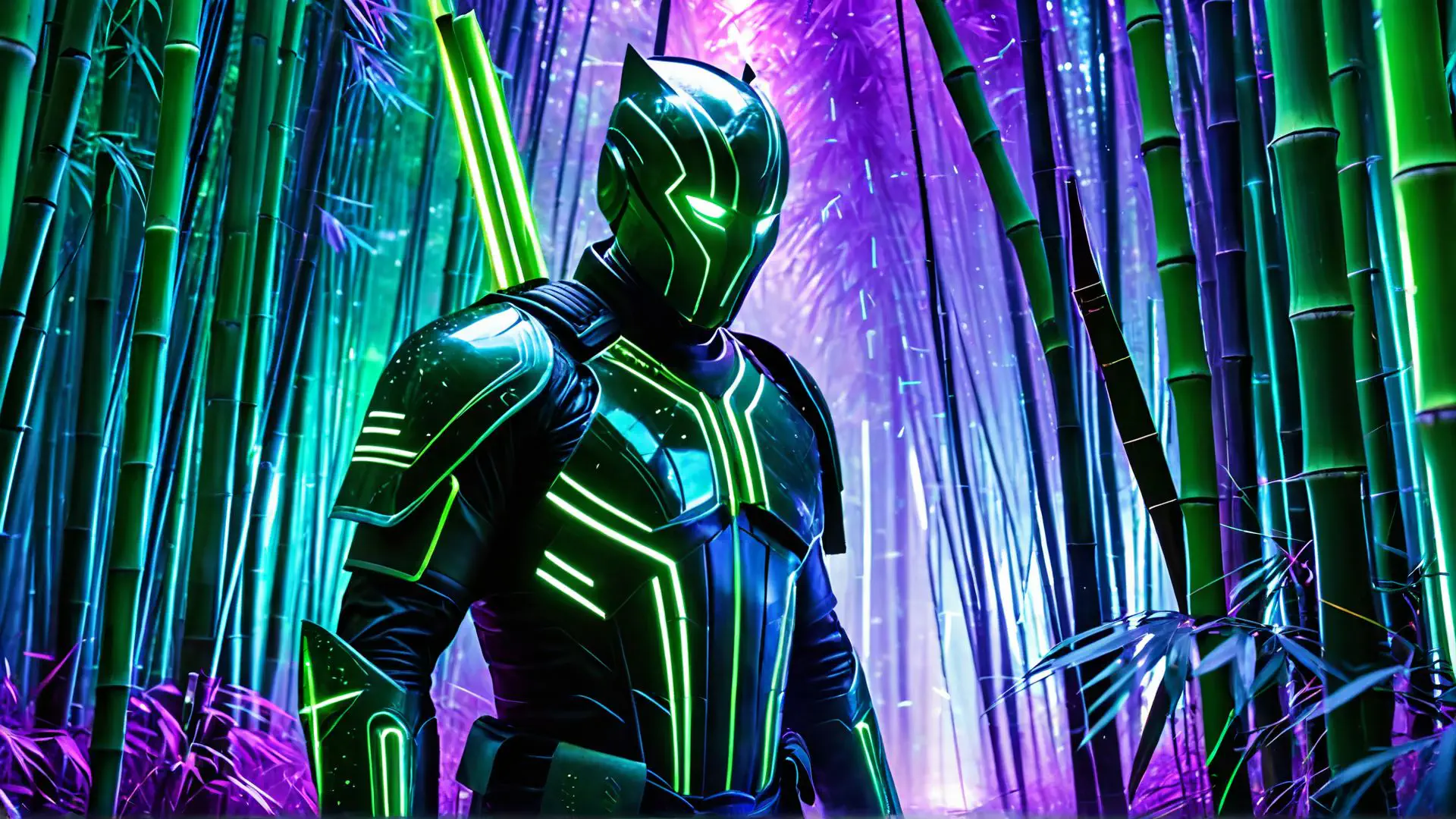 Futuristisch krijger in neon bamboebos met paarse lichteffecten