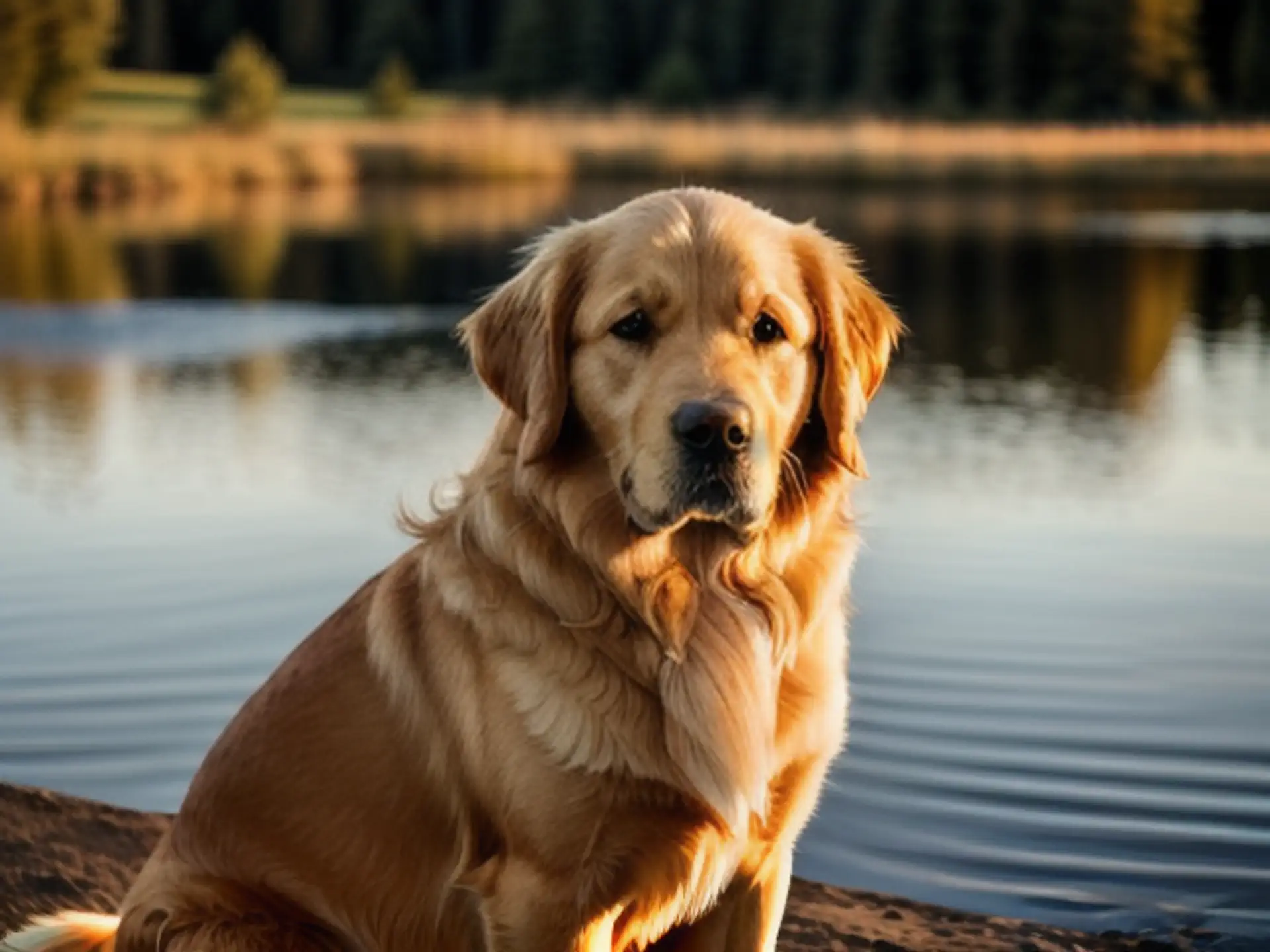 Gouden Retriever bij meer tijdens zonsondergang