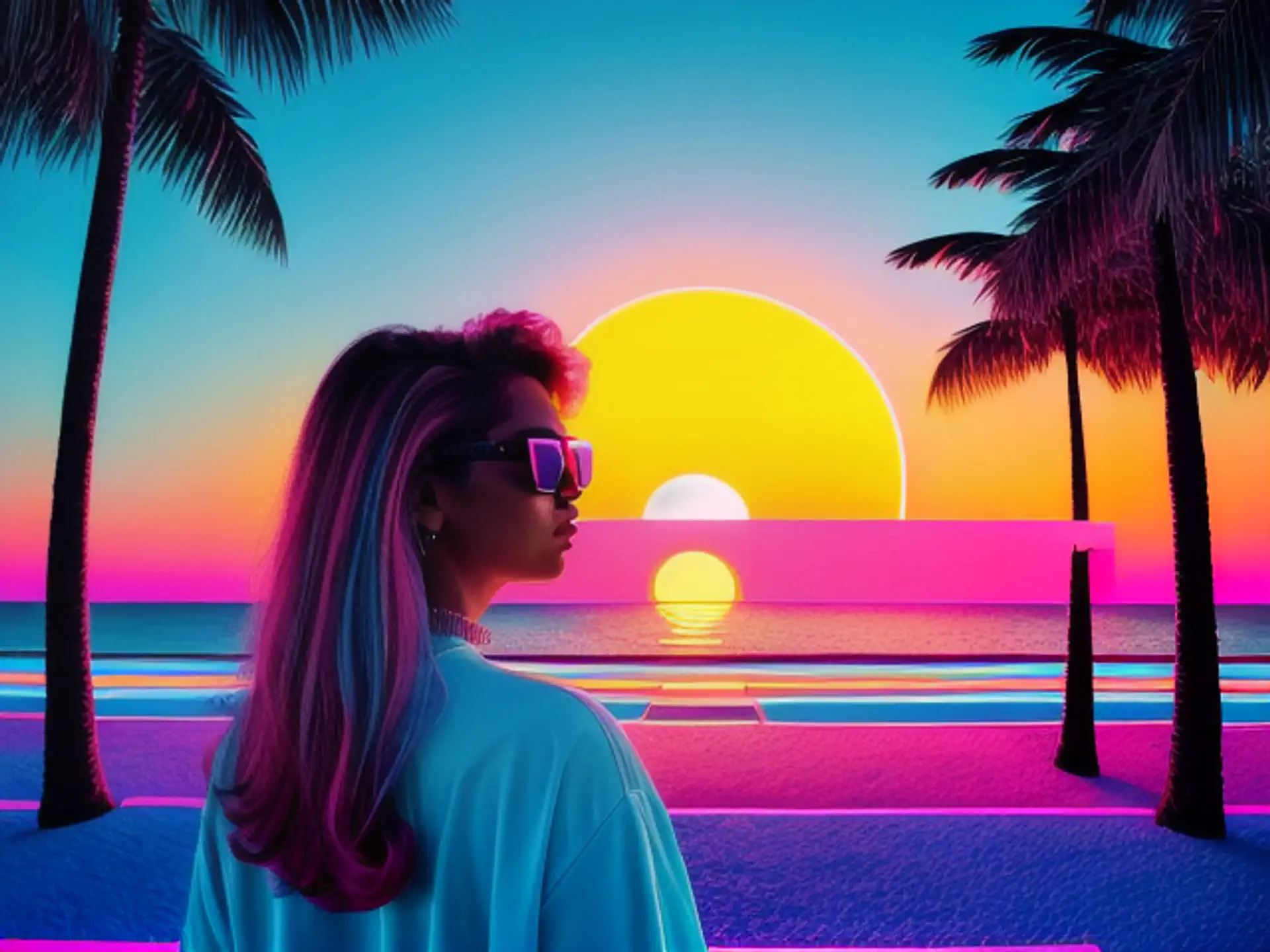 Tropische zonsondergang met neon kleuren en palmbomen aan strand
