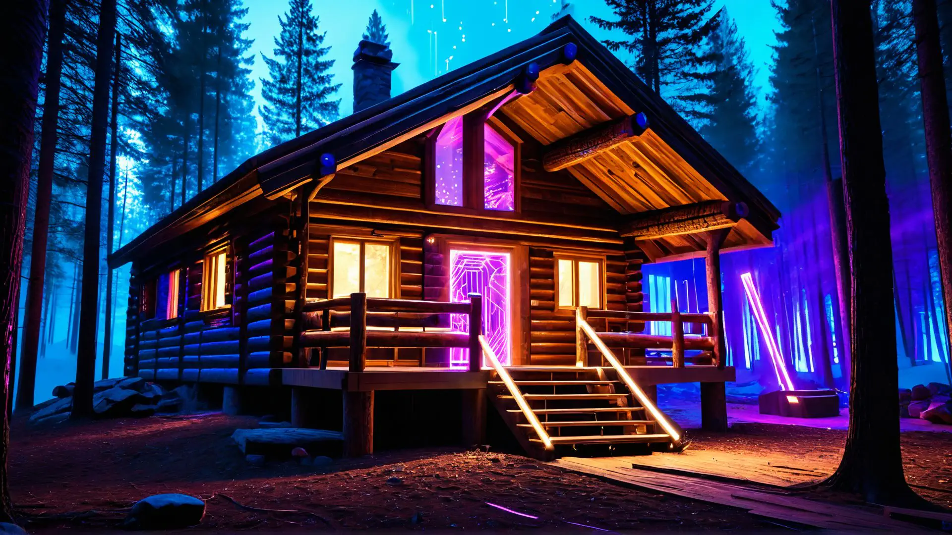 Magische blokhut met neonverlichting in mysterieus dennenbos