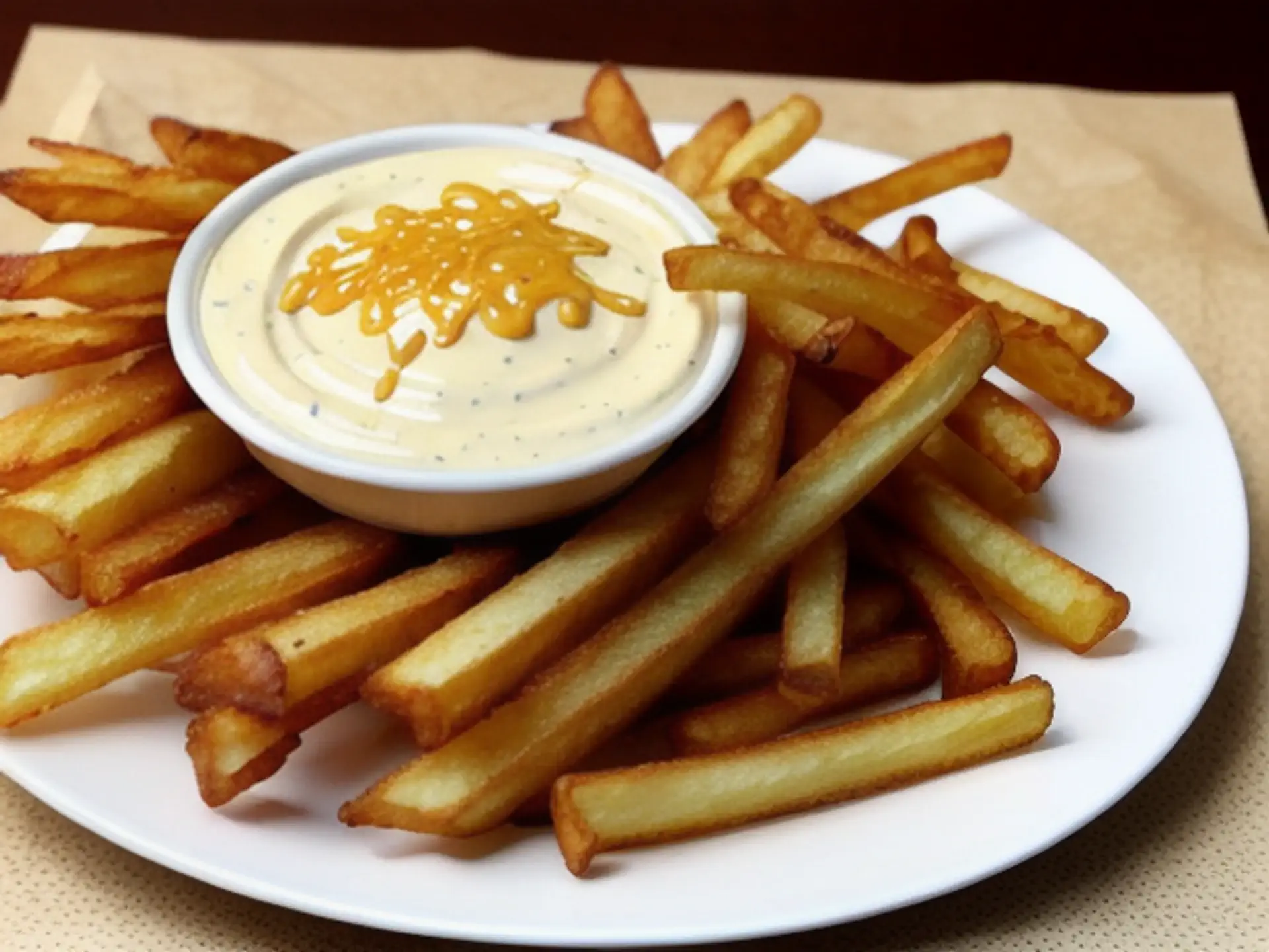 Krokante friet met huisgemaakte mayonaise en truffelsaus op wit bord