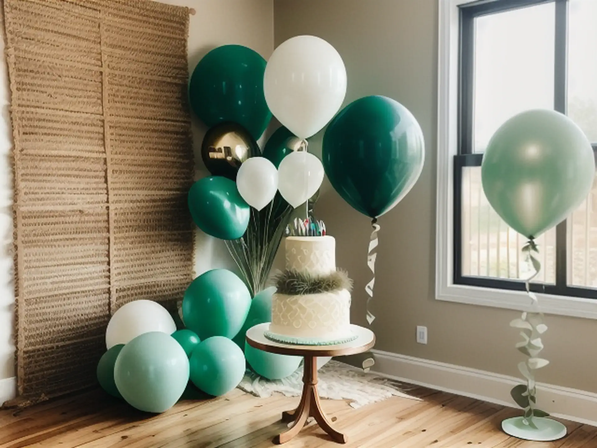 Luxe verjaardagstaart met elegante groene en witte ballonnendecoratie