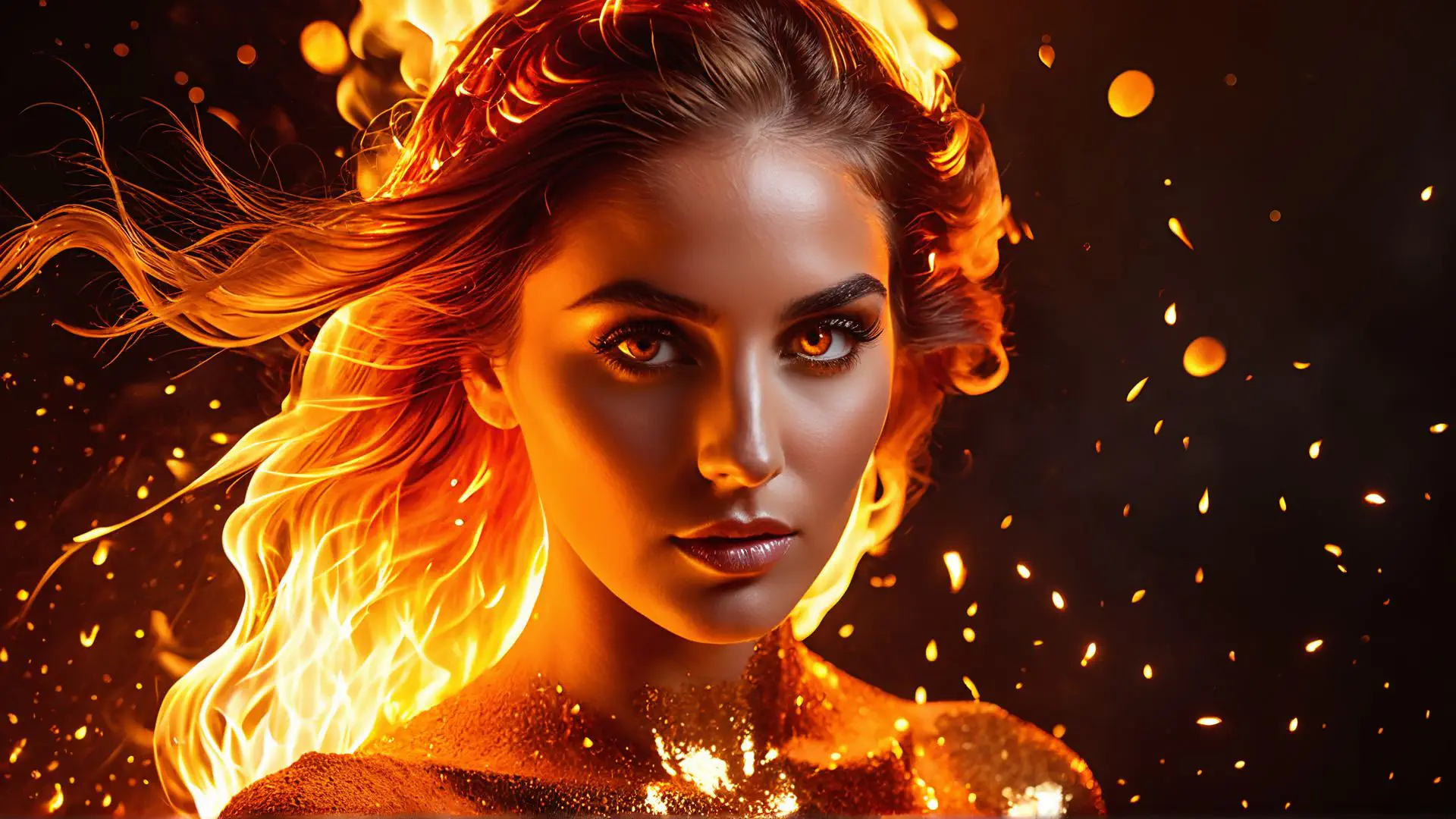 Mysterieus vuurportret met gouden vonken en vlammen effect