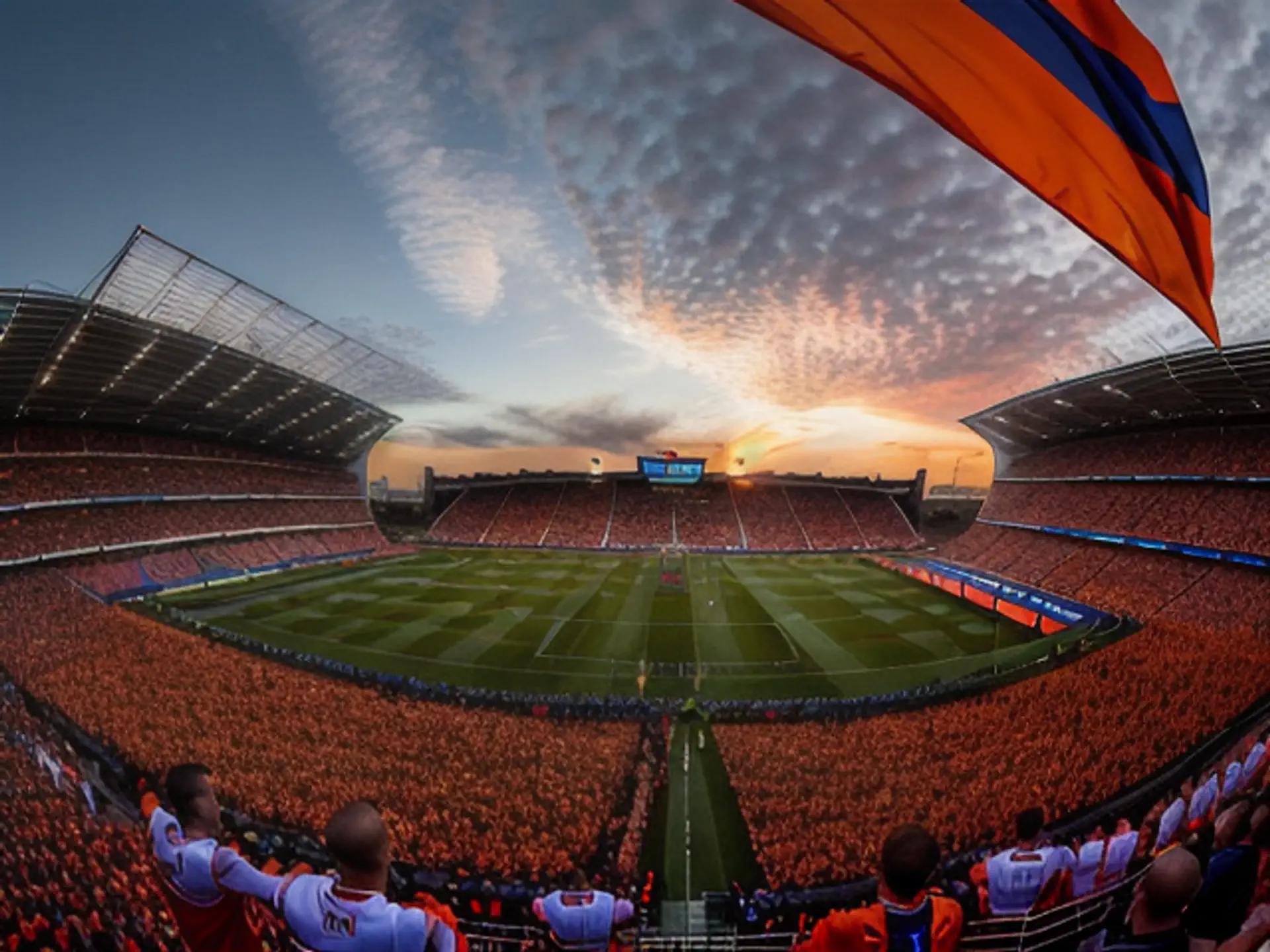 Oranje voetbalstadion vol supporters tijdens zonsondergang panorama