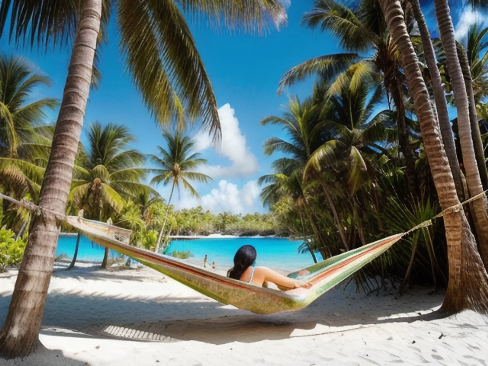 Tropische hangmat tussen palmbomen bij turquoise zee en wit strand