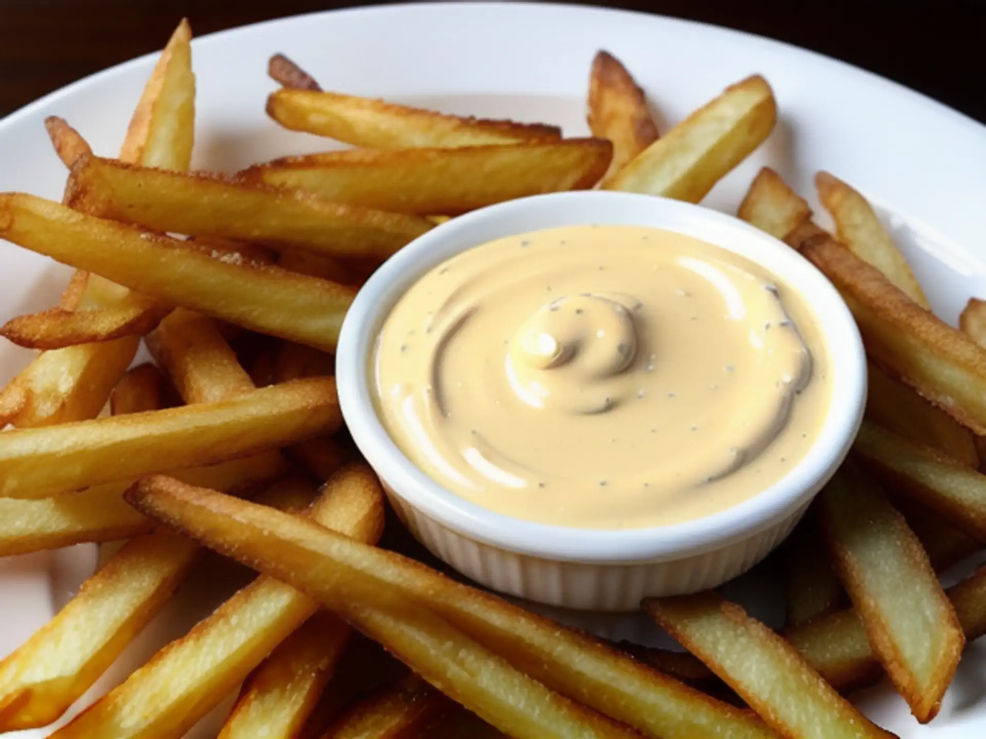 Knapperige friet met romige frietsaus in witte schaaltje op bord