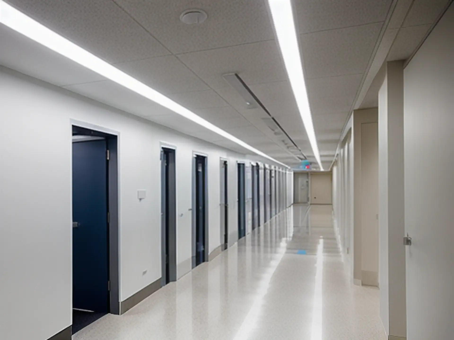 Moderne ziekenhuisgang met blauwe deuren en strakke LED-verlichting