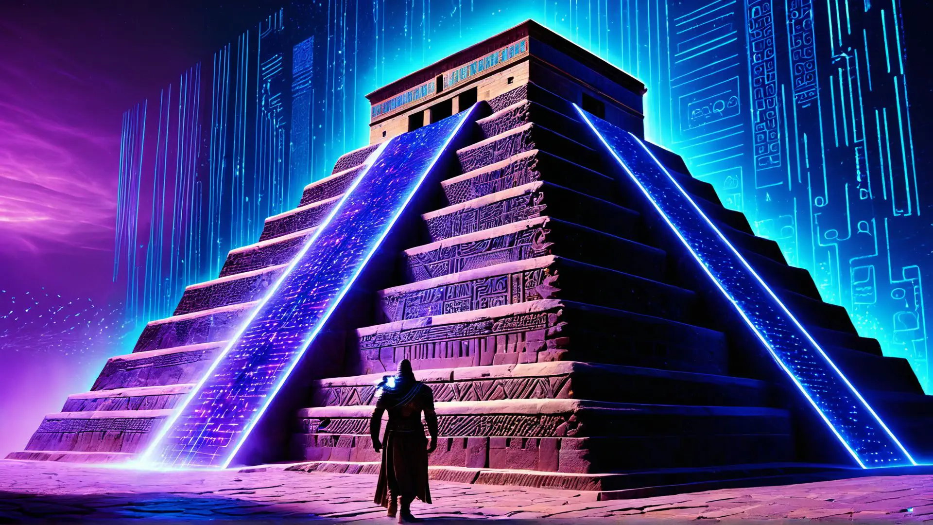 Futuristische Maya piramide in neon cyberpunk stijl kunstwerk