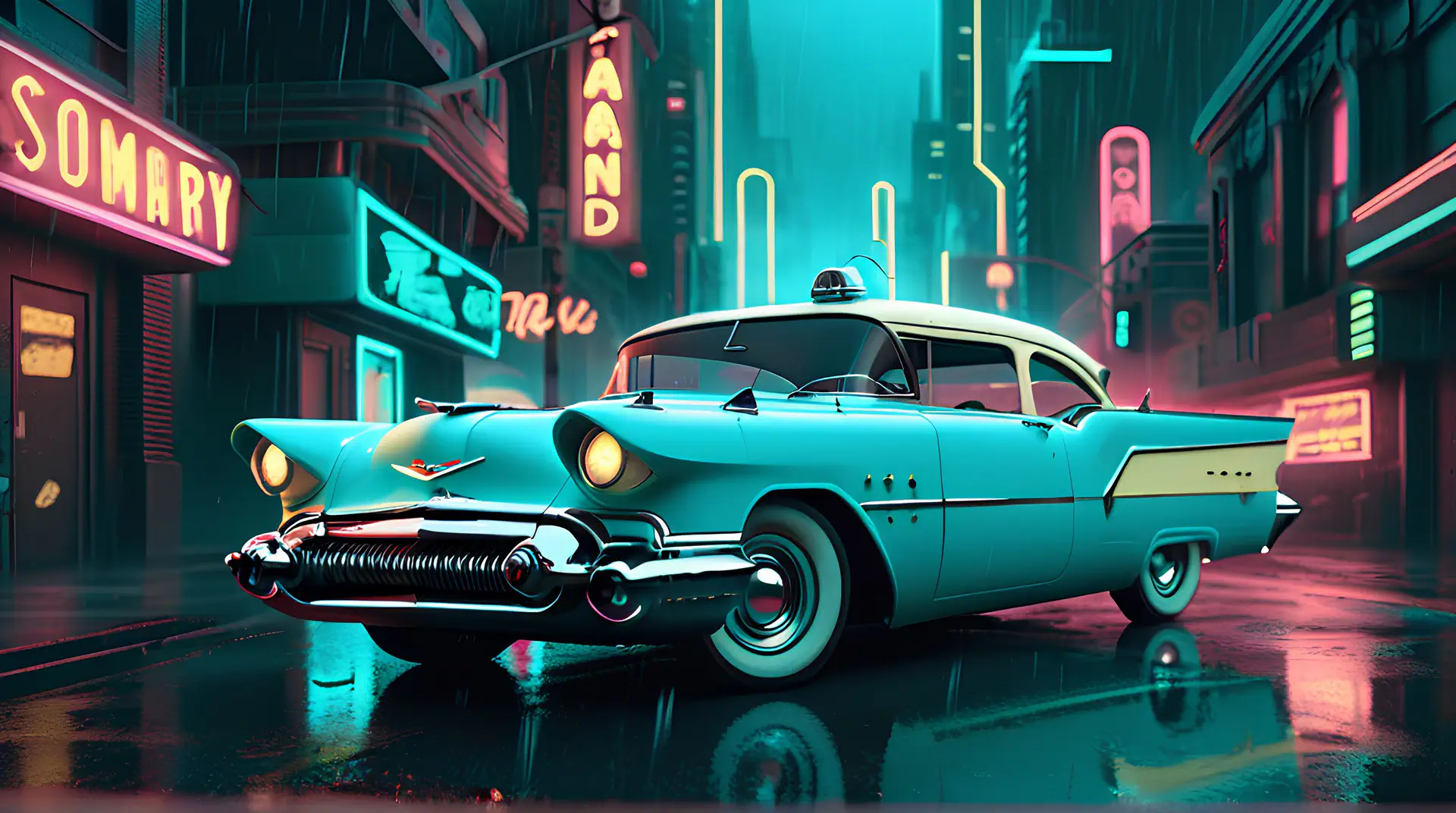 Klassieke Turquoise Jaren '50 Auto in Cyberpunk Nachtstad 4K Wallpaper