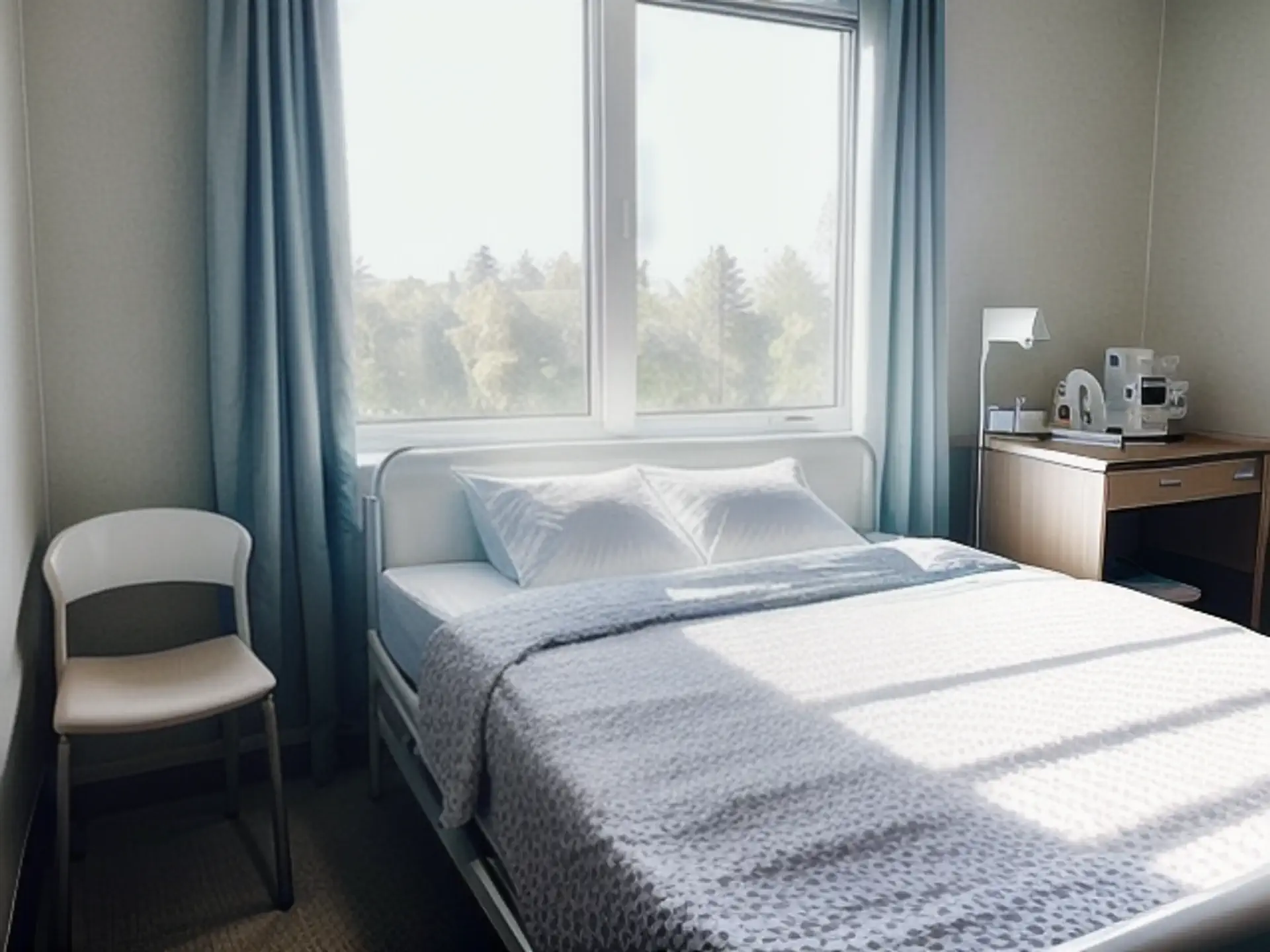 Lichte ziekenhuiskamer met natuurlijk uitzicht en moderne inrichting