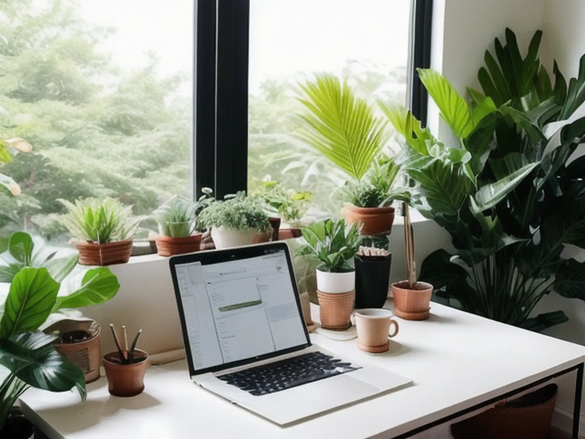 Groene thuiswerkplek met planten en laptop bij natuurlijk daglicht