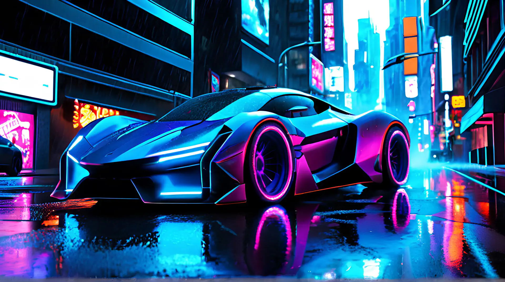Blauw-Paarse Superauto met Neon Wielverlichting in Cyberpunk Nachtstad