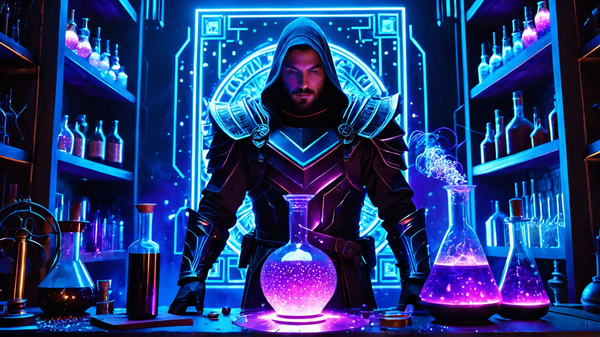 Mystieke alchemist in neon verlicht laboratorium met magische drankjes