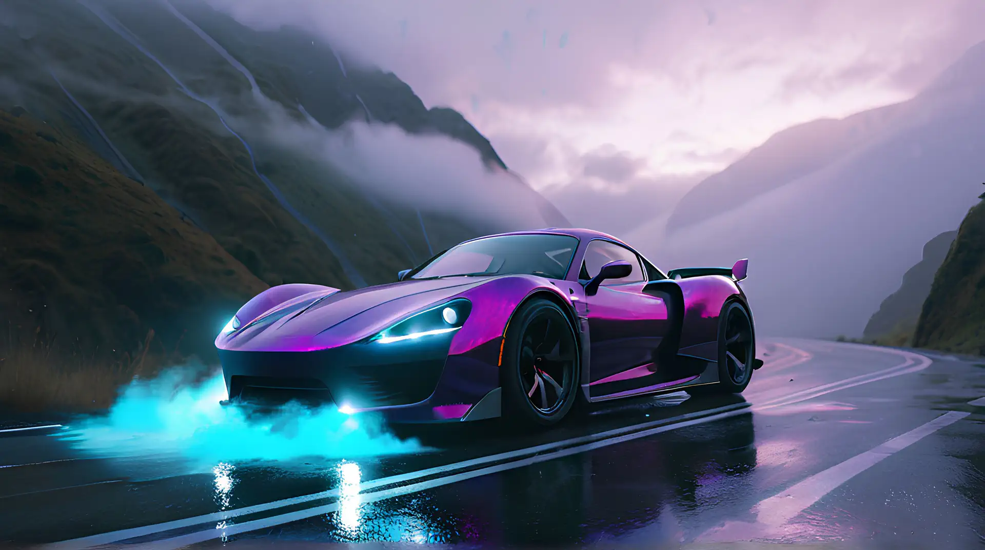 Paarse Hypercar met Blauw Rookeffect op Mistige Bergpas 4K Wallpaper