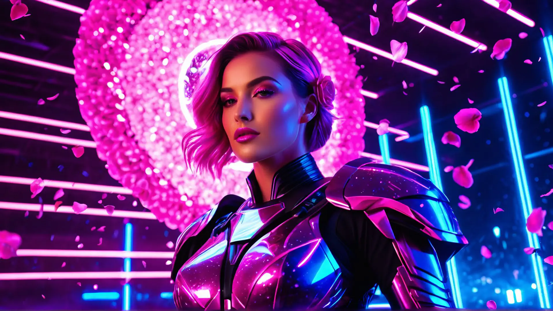 Futuristische neon kunstfoto met roze hart en cyberpunk elementen