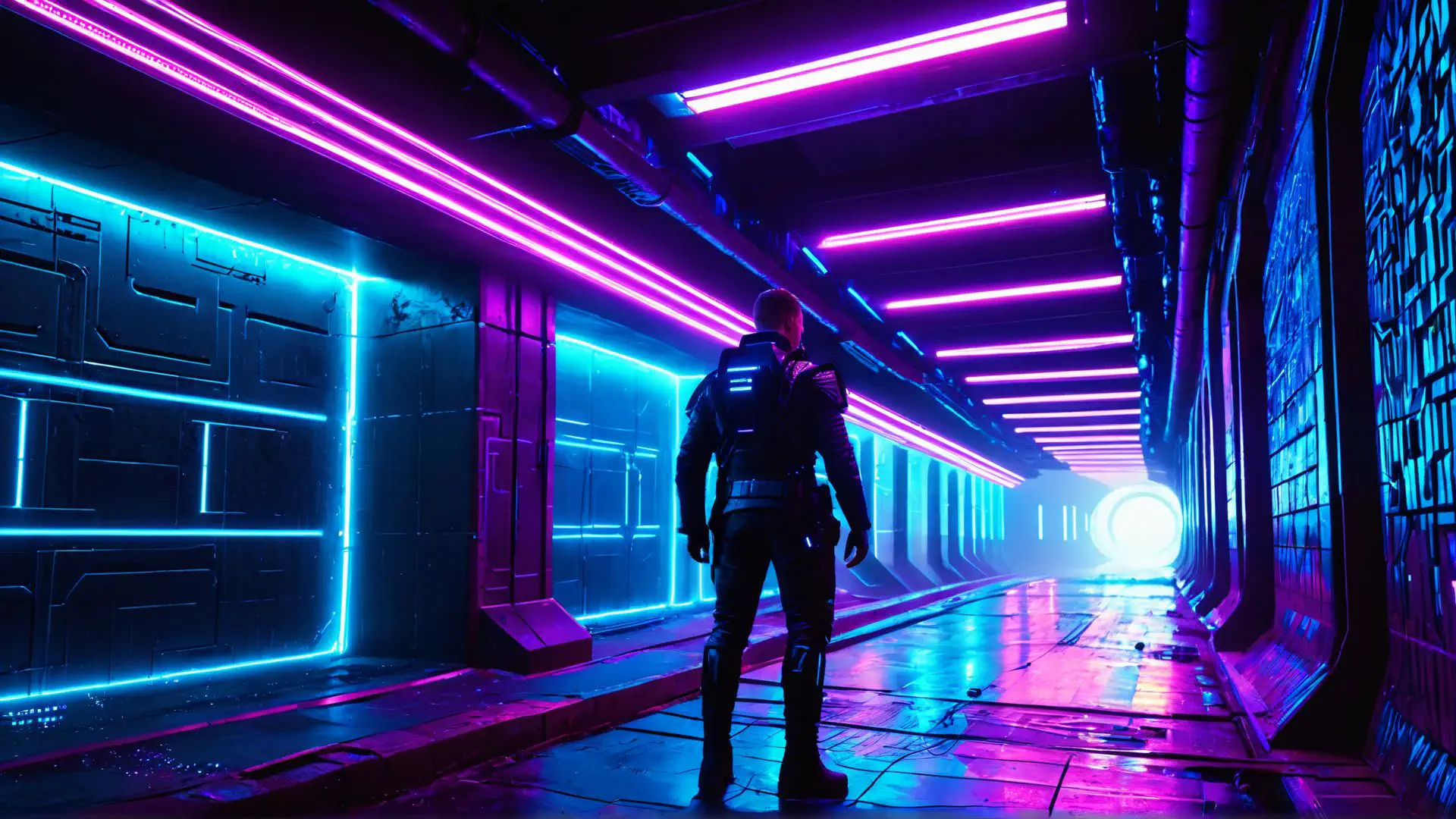 Futuristische tunnel met neonverlichting in cyberpunk-stijl