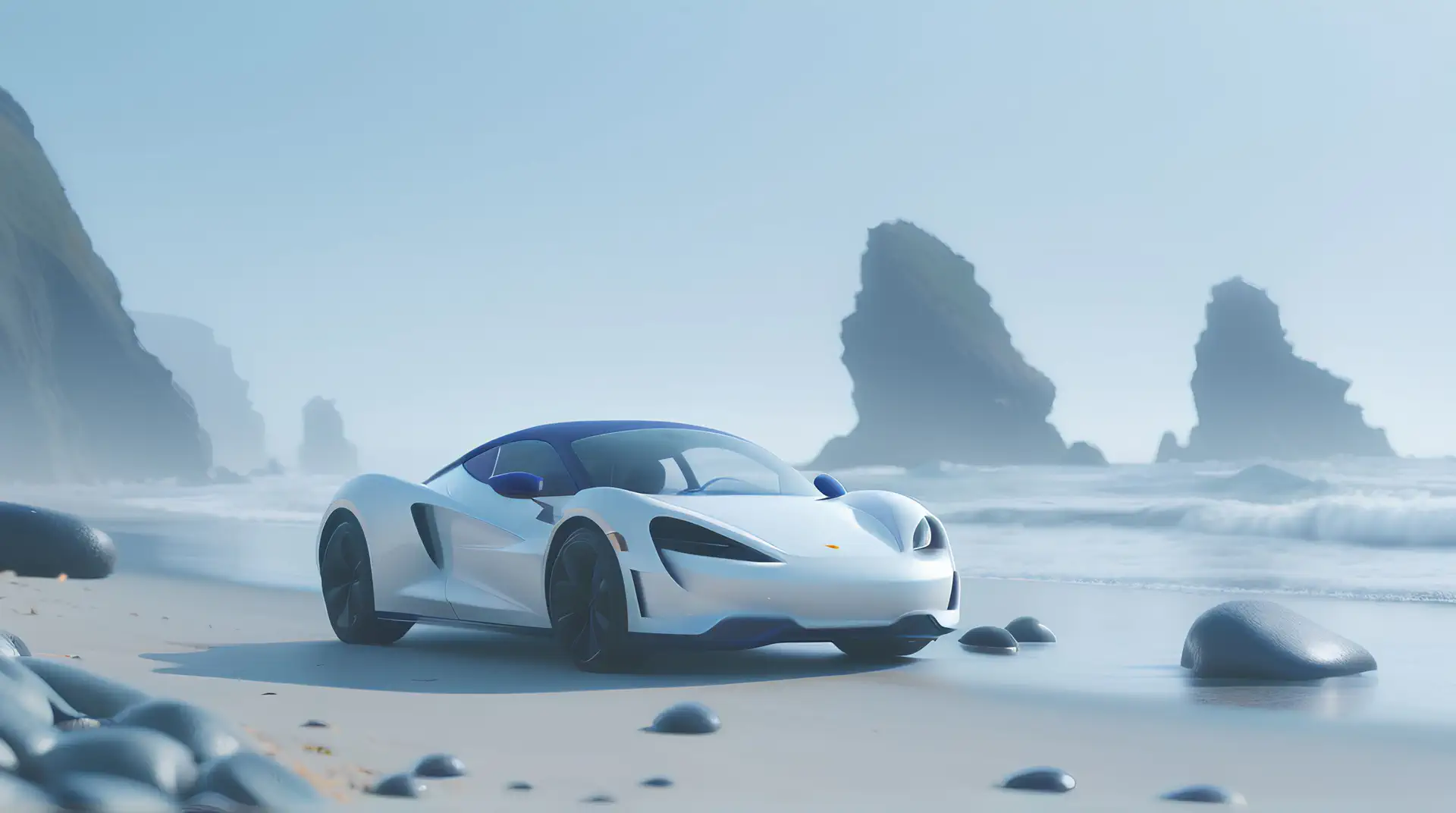 Witte Sportwagen op Mistig Oceaanstrand 4K Wallpaper