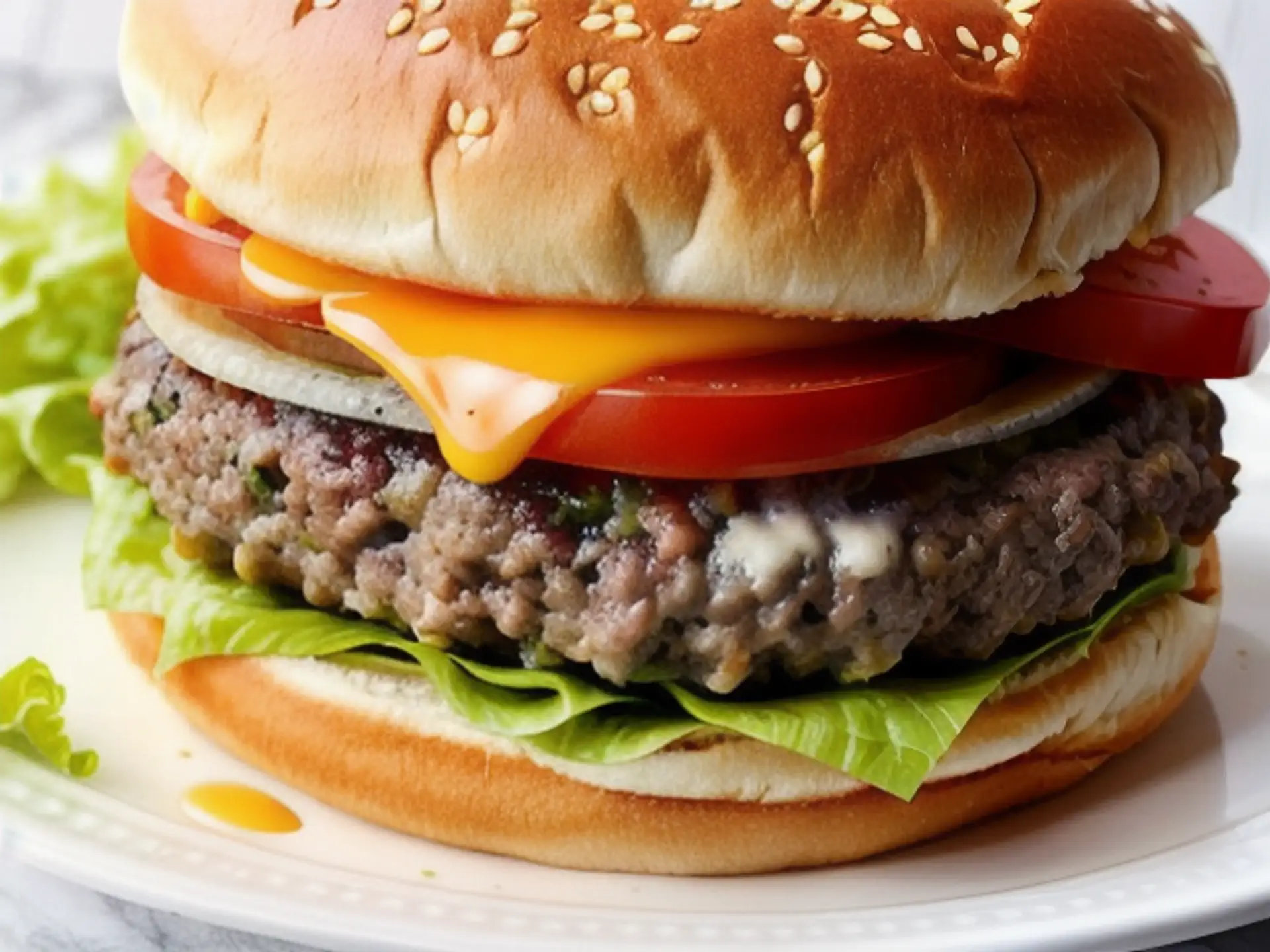 Sappige cheeseburger met verse groenten op ambachtelijk sesambroodje