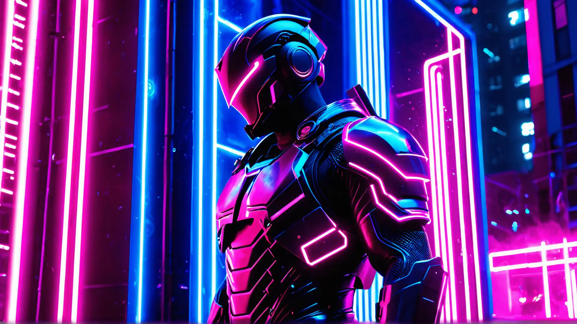 Futuristische robot in neon cyberpunk setting met roze en blauwe