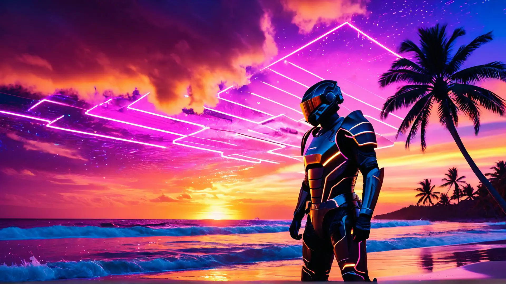 Futuristische krijger bij tropische zonsondergang met neon elementen