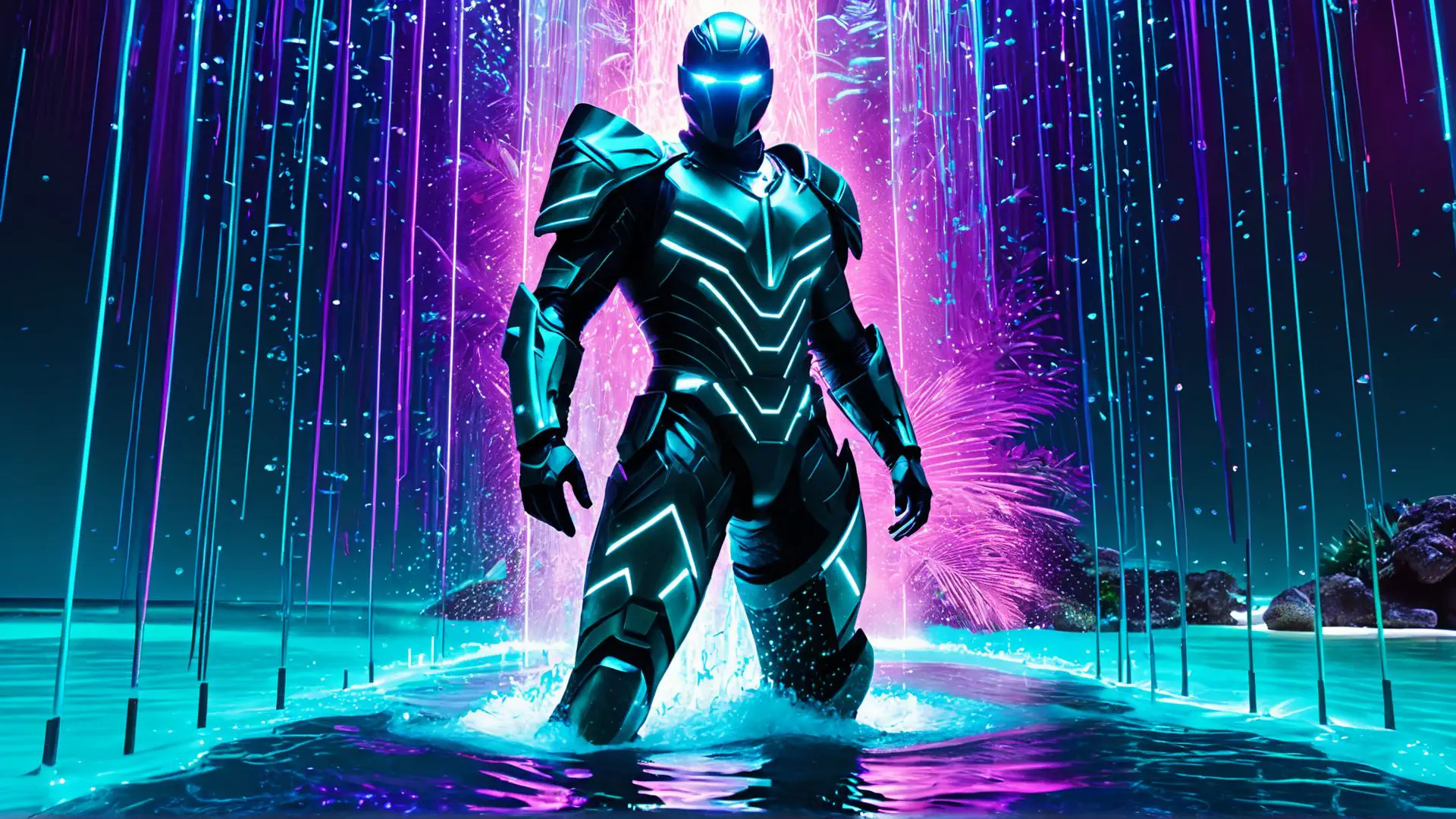 Futuristische robot in neonverlicht tropisch paradijs met turquoise