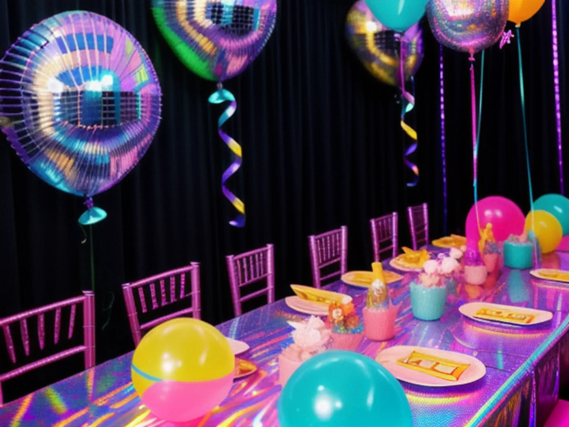 Kleurrijke disco feesttafel met holografische ballonnen en neon