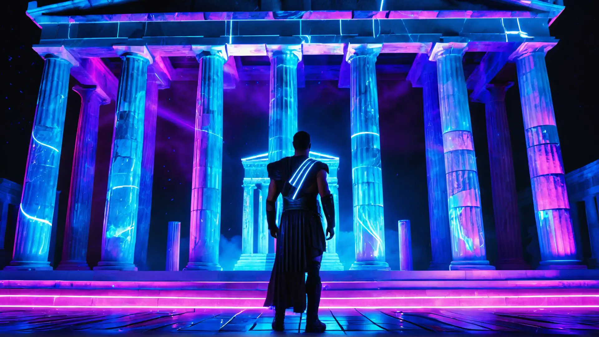 Neon verlichte Griekse tempel met cyberpunk stijl in paars en blauw