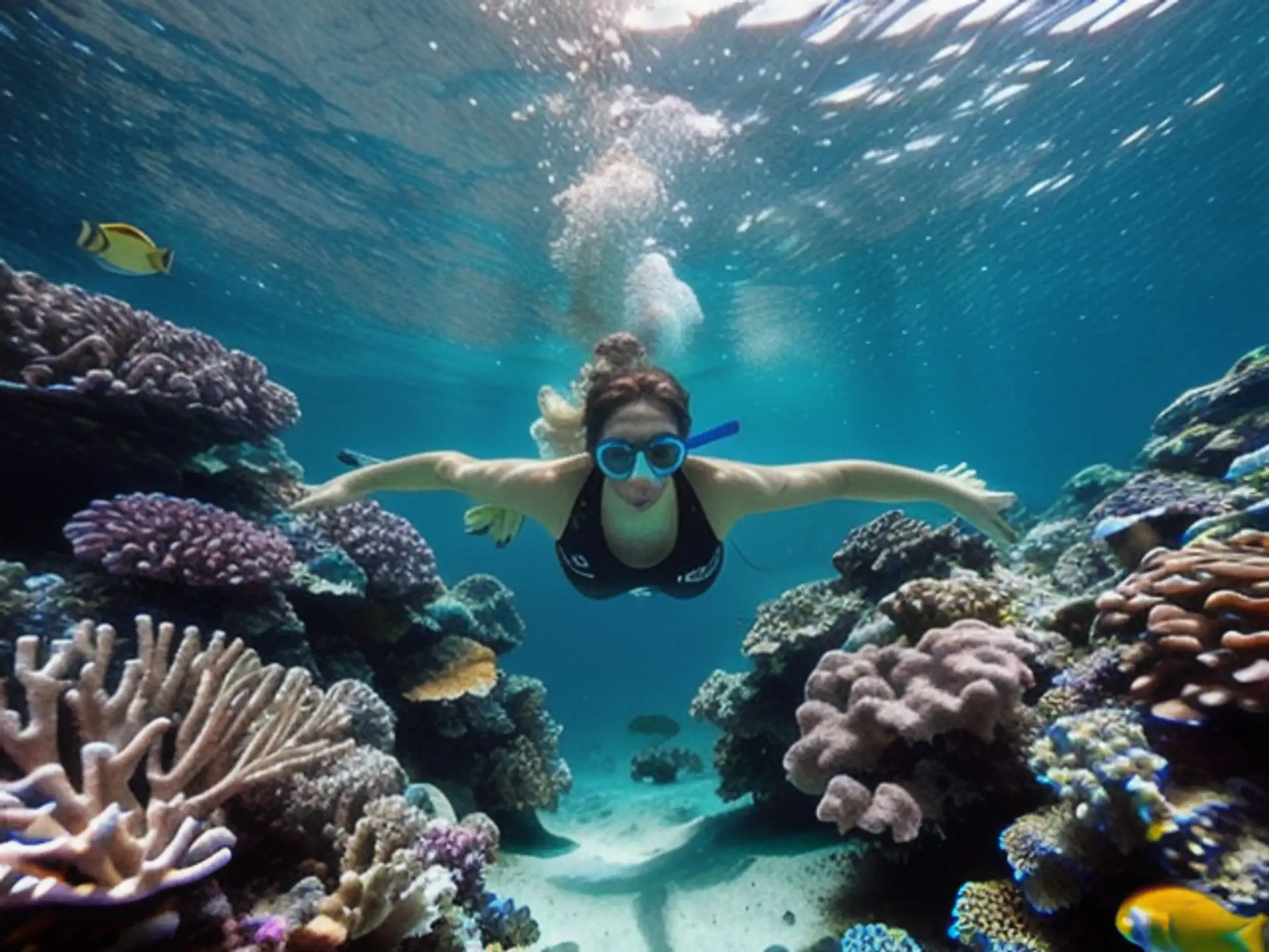Kleurrijk koraalrif met snorkelaar tussen tropische vissen en koralen
