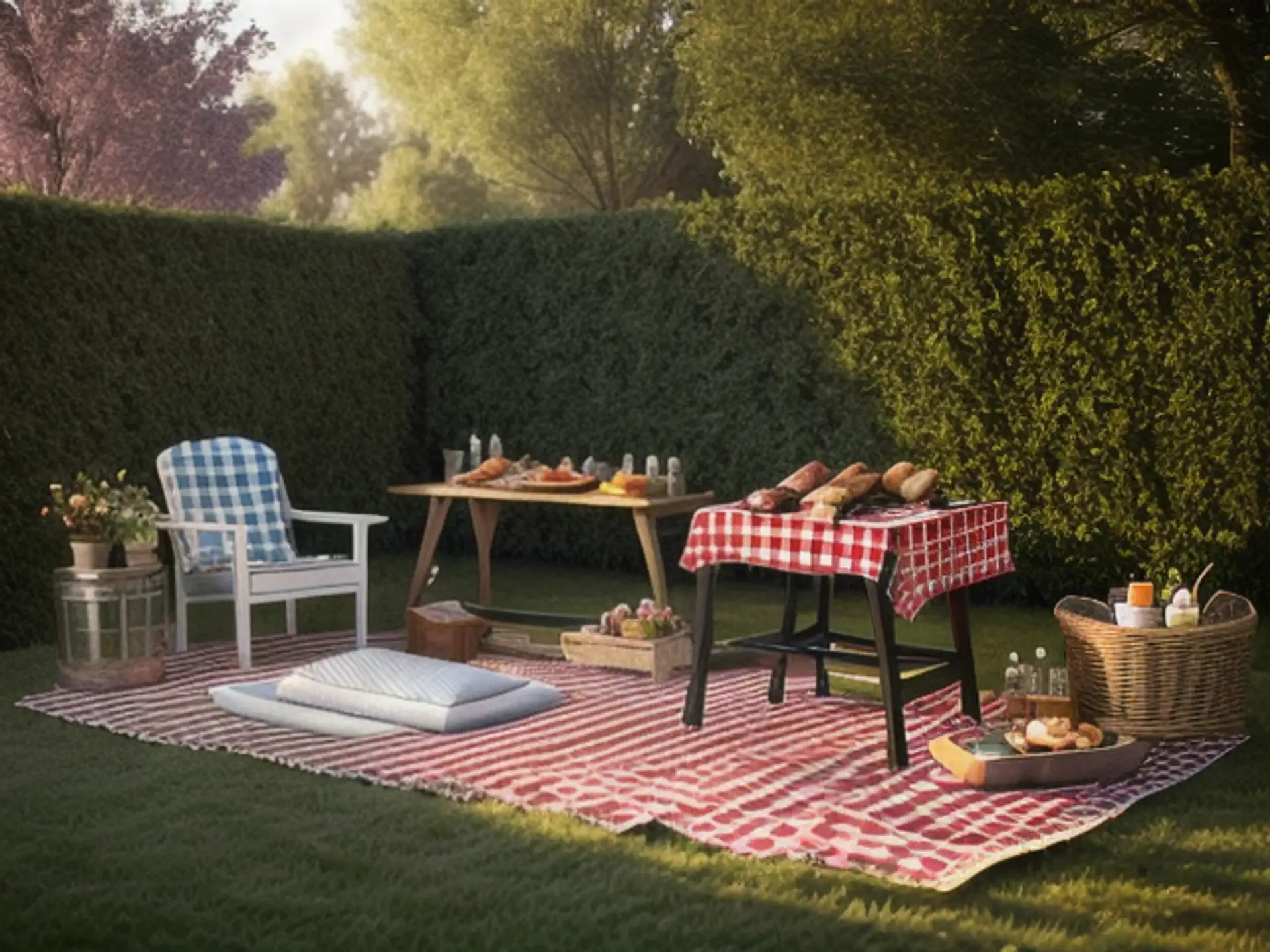 Gezellige picknickhoek in tuin met roodwit geblokt kleed