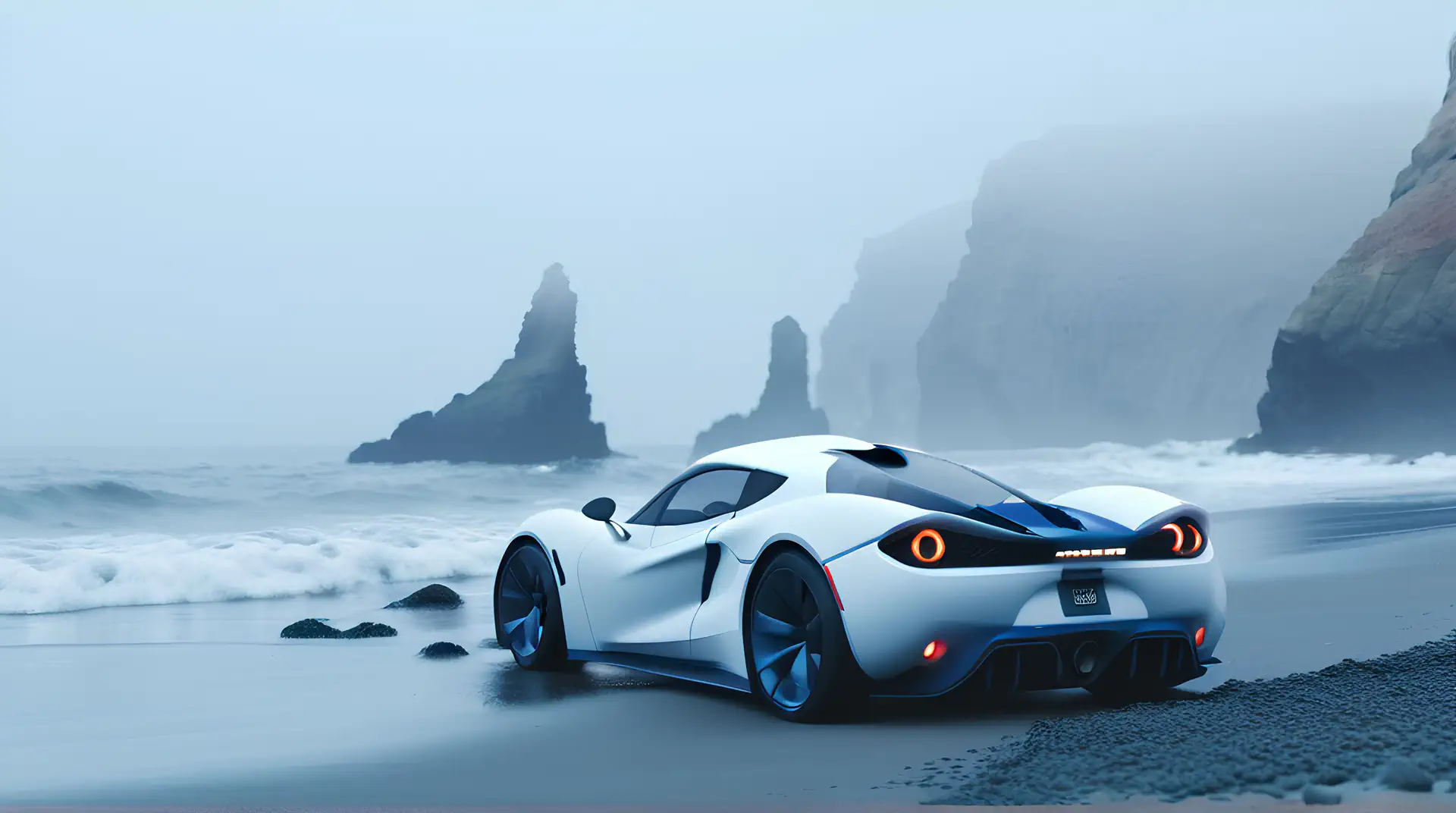 Witte Hypercar Achterkant op Mistige Oceaankust 4K Wallpaper