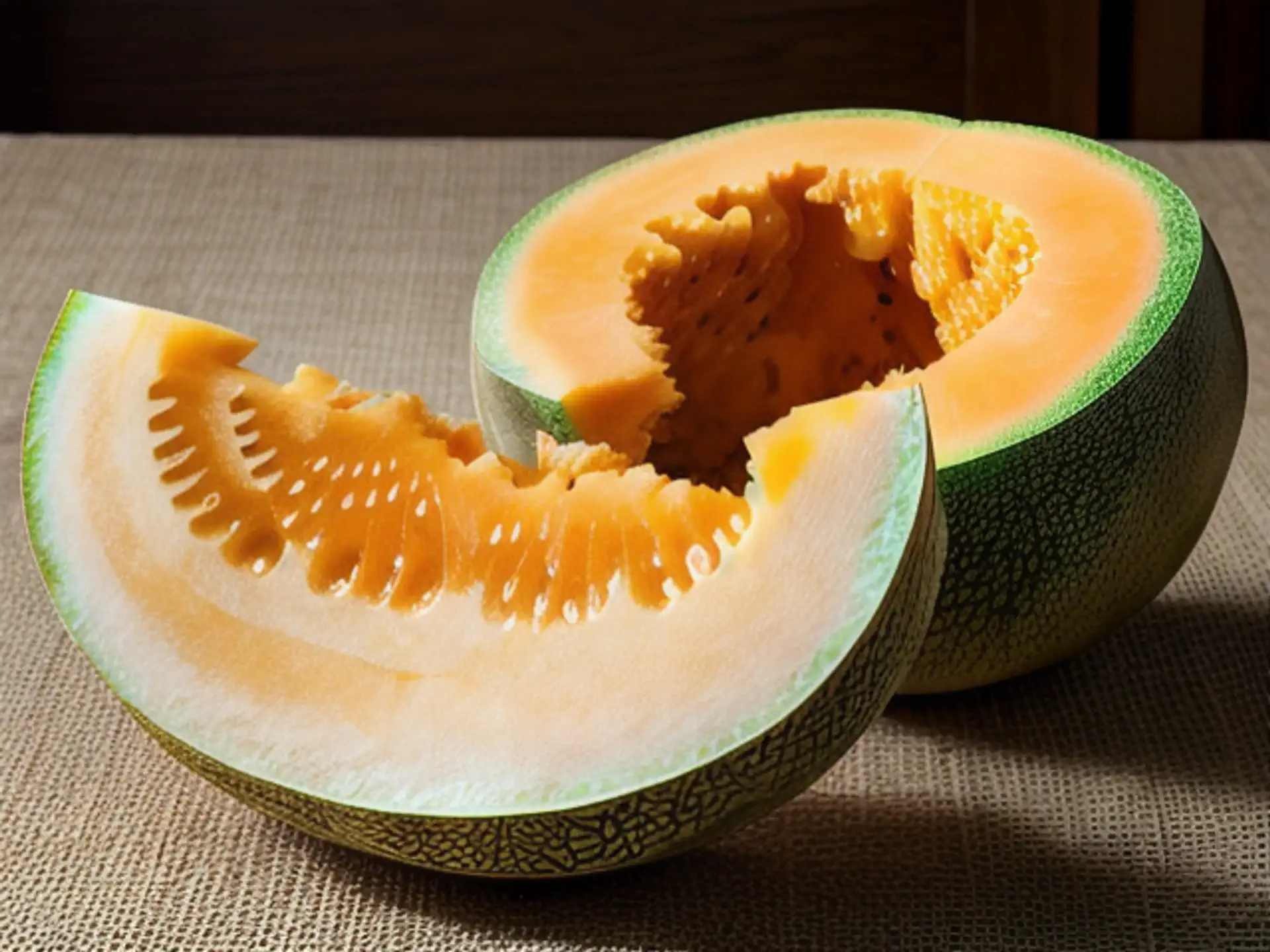 Verse cantaloupe meloen doorgesneden op linnen tafelkleed close-up