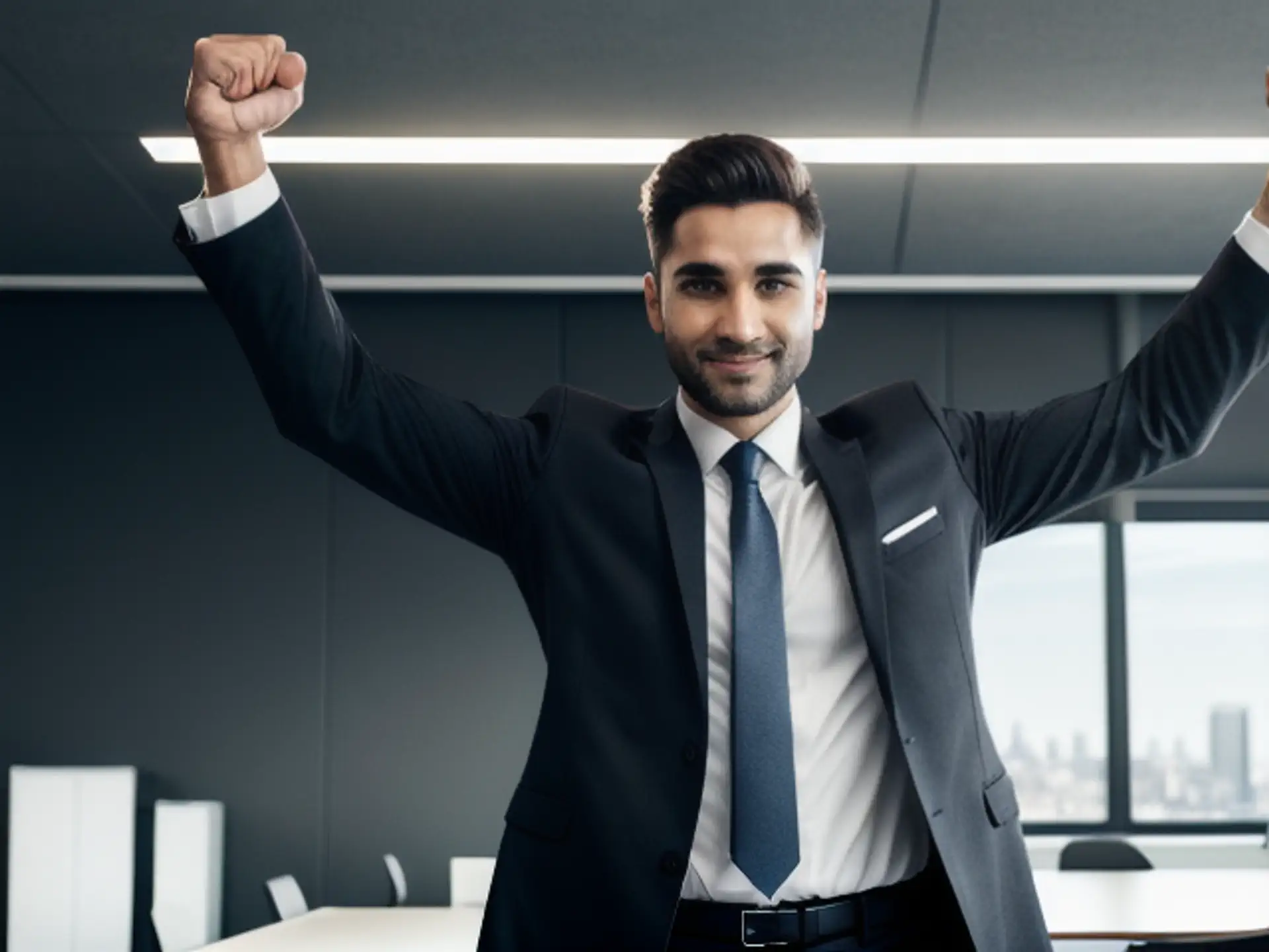 Succesvolle zakenman viert overwinning op modern kantoor