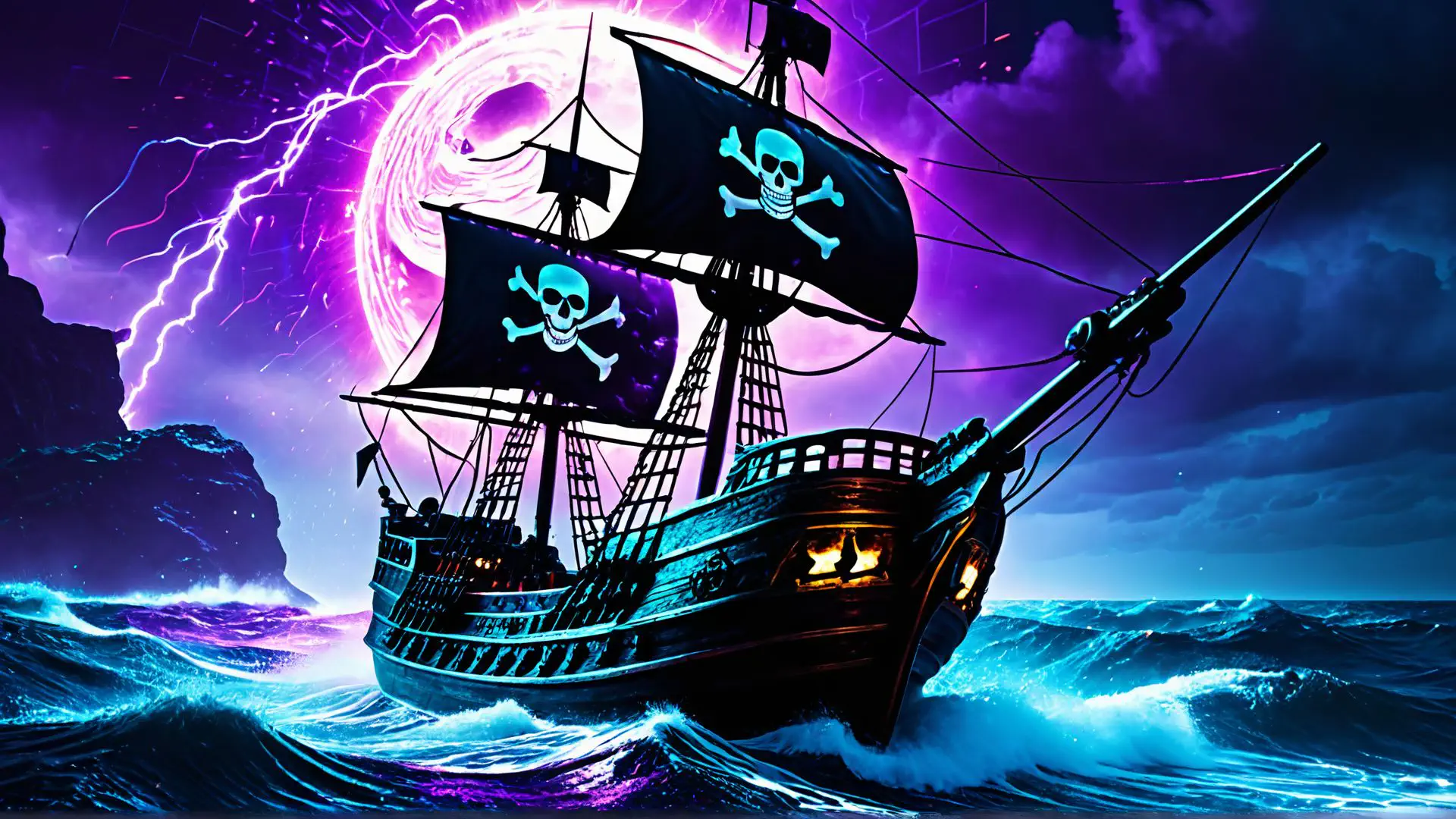 Mysterieus piratenschip in neonblauwe storm met paarse volle maan