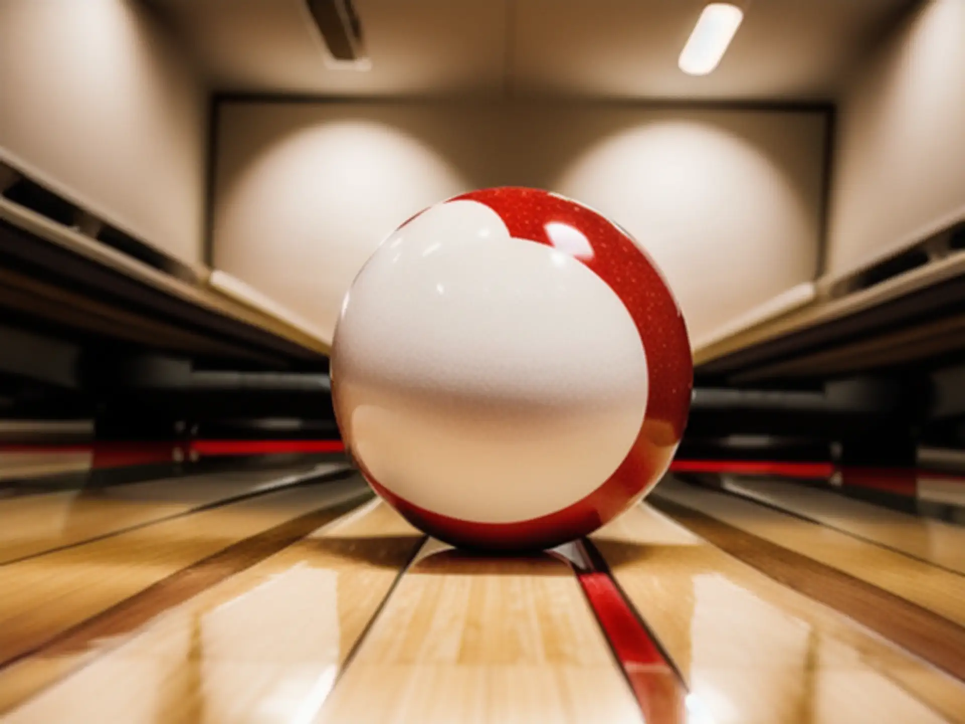 Close-up bowlingbal op bowlingbaan met dramatische verlichting