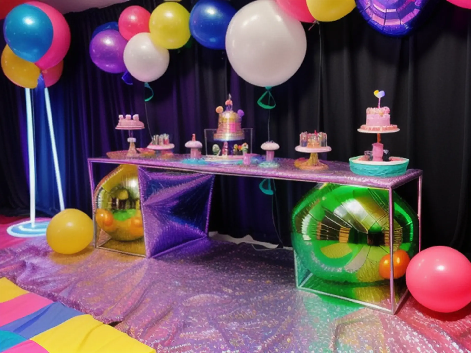 Kleurrijke disco dessertbuffet met neon decoratie en feestballonnen
