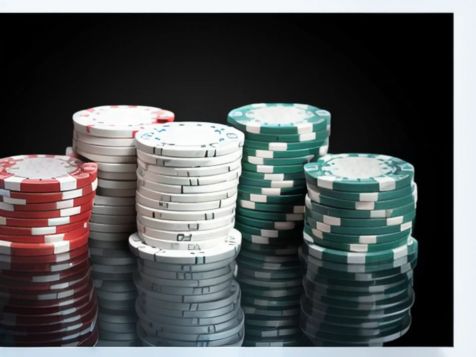 Stapels pokerfiches in rood, wit en groen op glanzende casinotafel