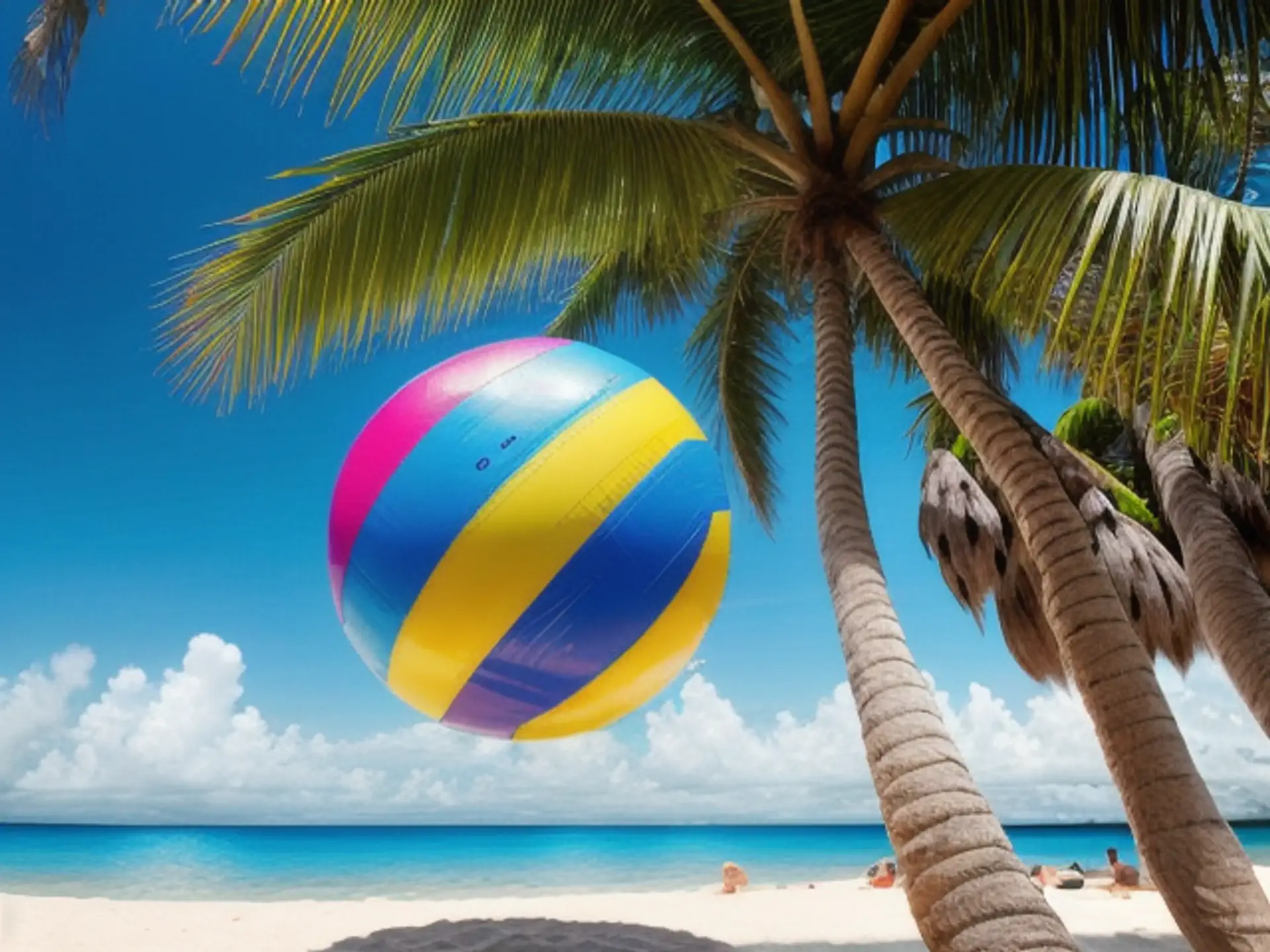 Kleurrijke strandbal bij palmboom op tropisch paradijselijk strand