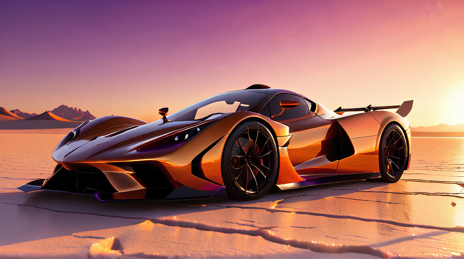 Amber-Bronskleurige Hypercar in Magisch Paars-Oranje Zoutvlakte Zonsondergang